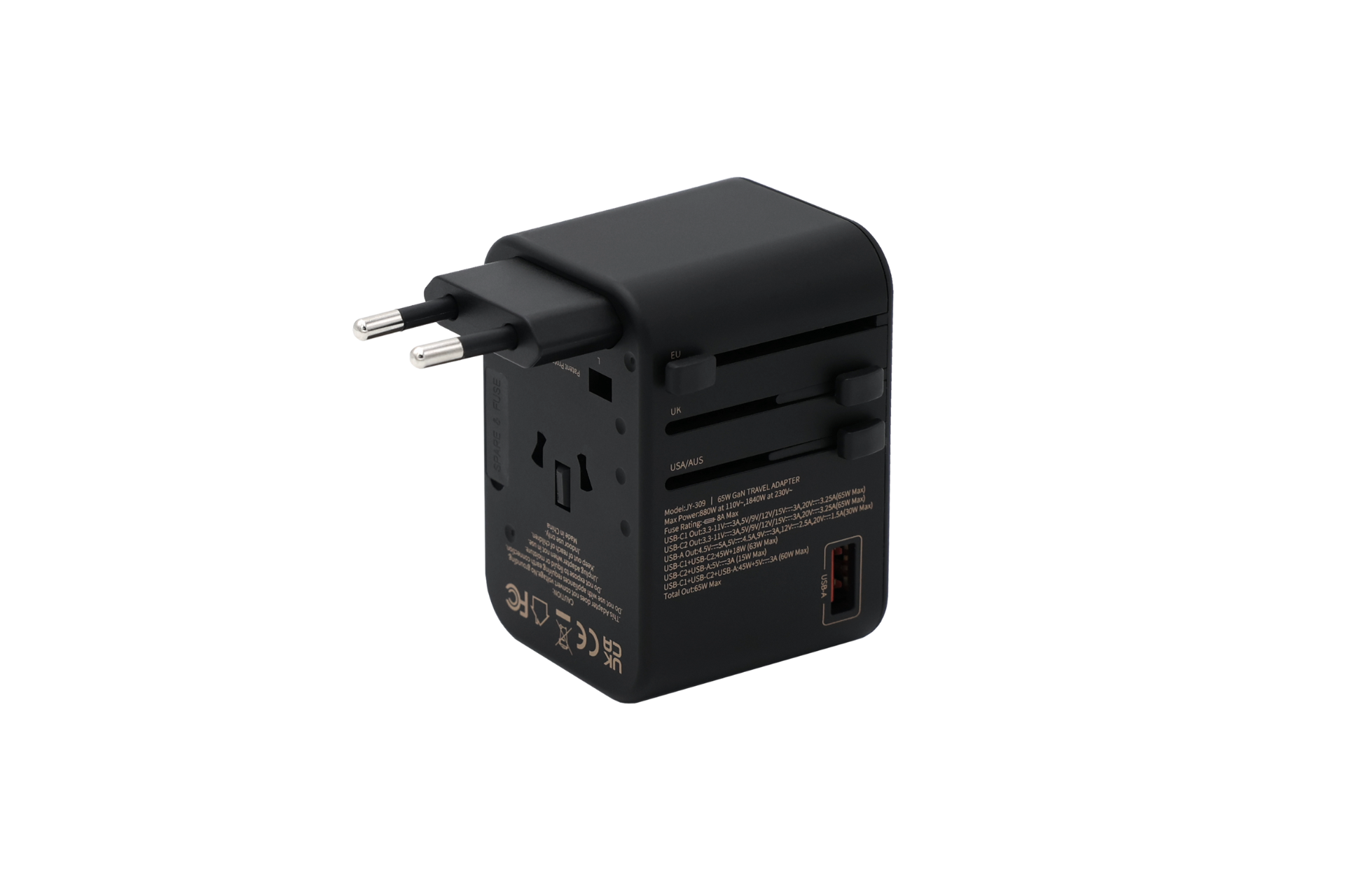 JOWUA Taiwan 65W 旅行萬國插頭氮化鎵充電器是一款黑色 GaN 旅行適配器,具有雙插腳、USB 連接埠、多種插頭選項和緊湊的矩形設計。它在白色背景上標明了功能,並為安心旅行提供多重安全保障。.