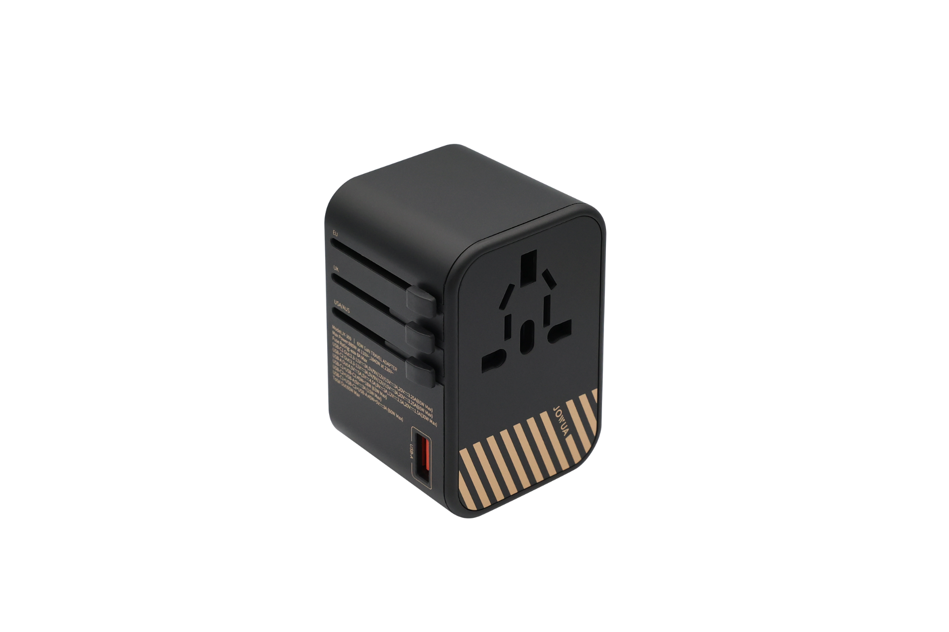 JOWUA Taiwan 65W 旅行萬國插座氮化鎵充電器是一款黑色 GaN 轉接器,配備多個插頭和一個 USB 連接埠。它具有條紋底座,專為快速充電和多重安全保護而設計,非常適合國際旅客。顯示在純白色背景上。.