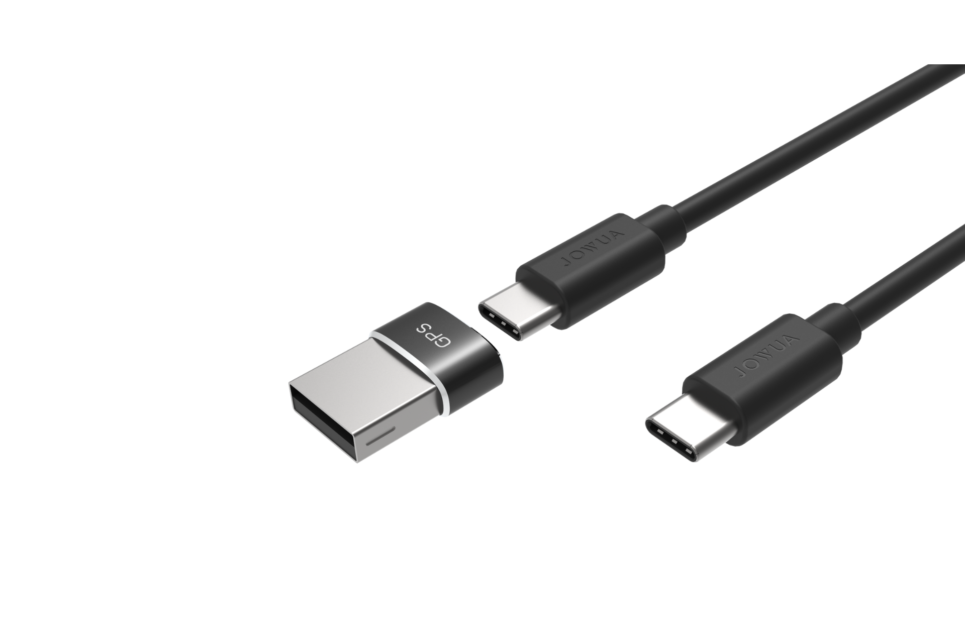 圖中有兩條黑色連接線:一條是 JOWUA 台灣 GPS 護盾 USB-A 至 USB-C 轉接器,另一條是 USB-C 至 USB-C 連接線。兩者的接頭上都有 JOWUA 的品牌標誌,非常適合無線充電的需求。.