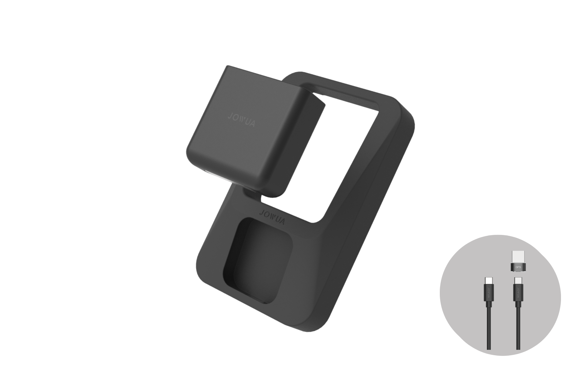 JOWUA 台灣 GPS 護盾充電底座,時尚黑色矩形切口,內含 GPS 護盾插槽,並隨附 USB-C 至 USB-C 及 USB-A 連接線。支援無線與有線充電,提供彈性的電源選擇。.