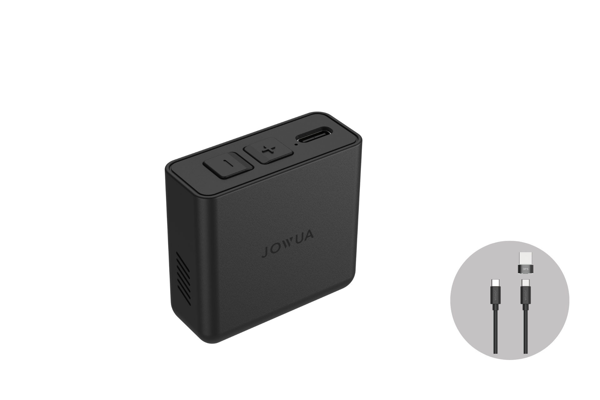 JOWUA Taiwan 的黑色長方形 GPS 護盾可攜式充電器擁有按鈕、頂部的 USB-C 連接埠和可見的品牌標誌。內嵌的 USB-C 充電線可更換接頭,並支援雙使用模式,方便充電。.