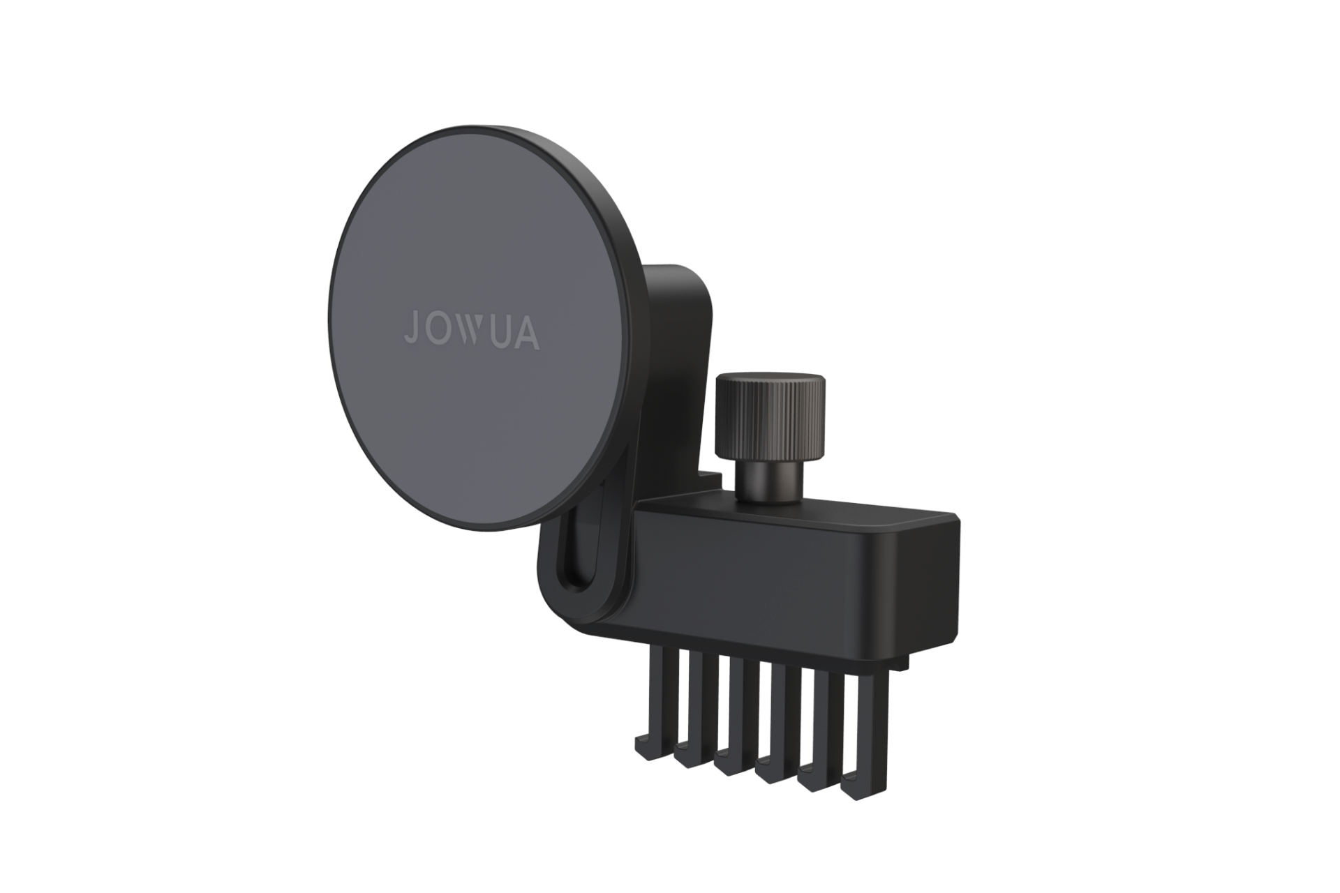 JOWUA Taiwan Qi2 製冷出風口 MagSafe 車架是一款黑色的圓形磁吸式手機支架,配備 MagSafe 磁吸、可調整旋鈕和通風口夾,非常適合 Model 3/Y (2018-2024) 無線充電在車內使用。.