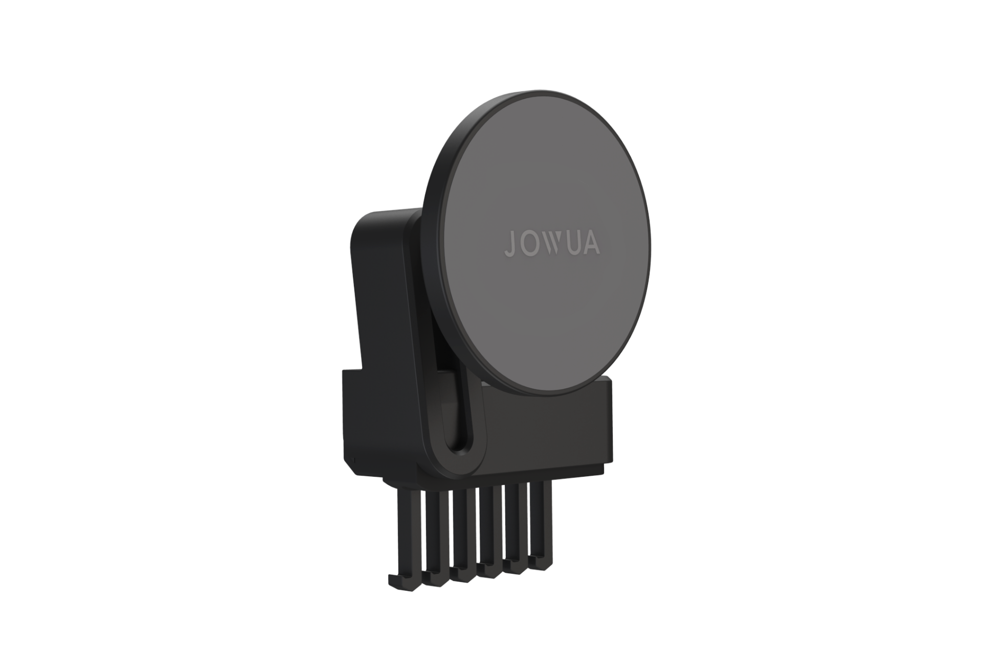 JOWUA Taiwan Qi2 製冷出風口 MagSafe 車架是一款黑色圓形磁吸式手機支架,前方有 Logo、夾子和垂直稜腳,適用於 Model 3/Y (2018-2024) 出風口。與 MagSafe 磁吸相容,適用於無線充電裝置。.
