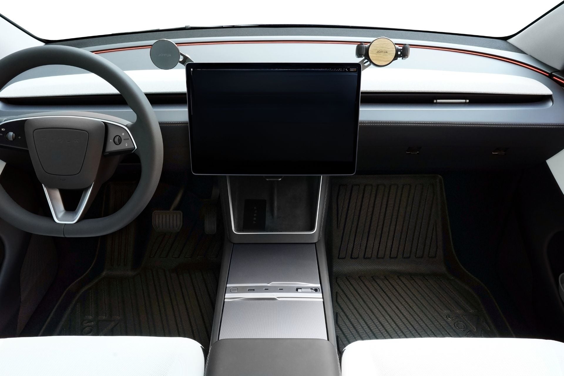 適用於 Model Y (2021-2025+) 的 JOWUA 台灣立體防水腳踏墊 + 面紙盒組合採用時尚簡約的內飾,配有防水墊和智慧收納裝置,讓您的特斯拉保持井井有條和現代感。.