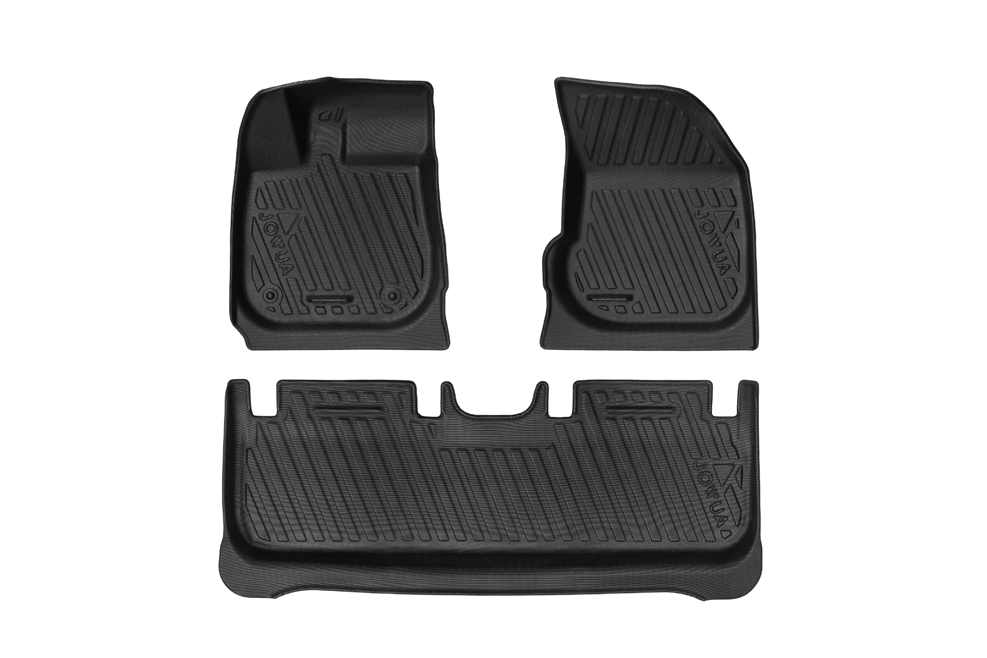 三塊黑色紋理的 JOWUA Taiwan 立體防水腳踏墊 (Foxtron Bria) 車用墊排列在淺色背景上,展現出不同形狀與尺寸的立體防水溝槽與多功能車輛收納設計。.