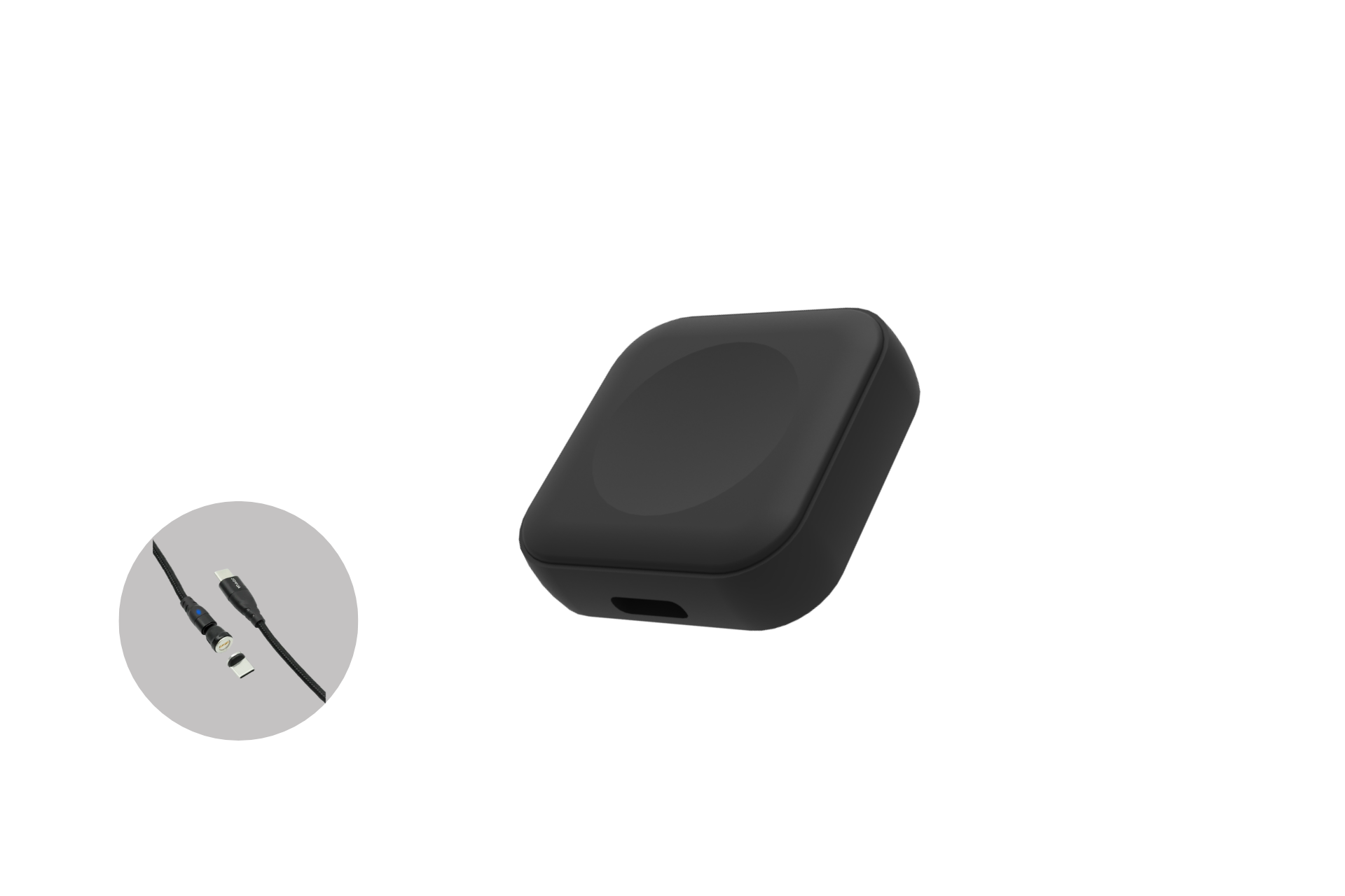 圖中所示為黑色方形 JOWUA 台灣多功能充電無線充電+Apple Watch 無線充電組合,邊緣呈圓形。插圖:USB-C 電纜的特寫——與 MagSafe 磁吸充電和 Apple Watch 無線充電器相容。.