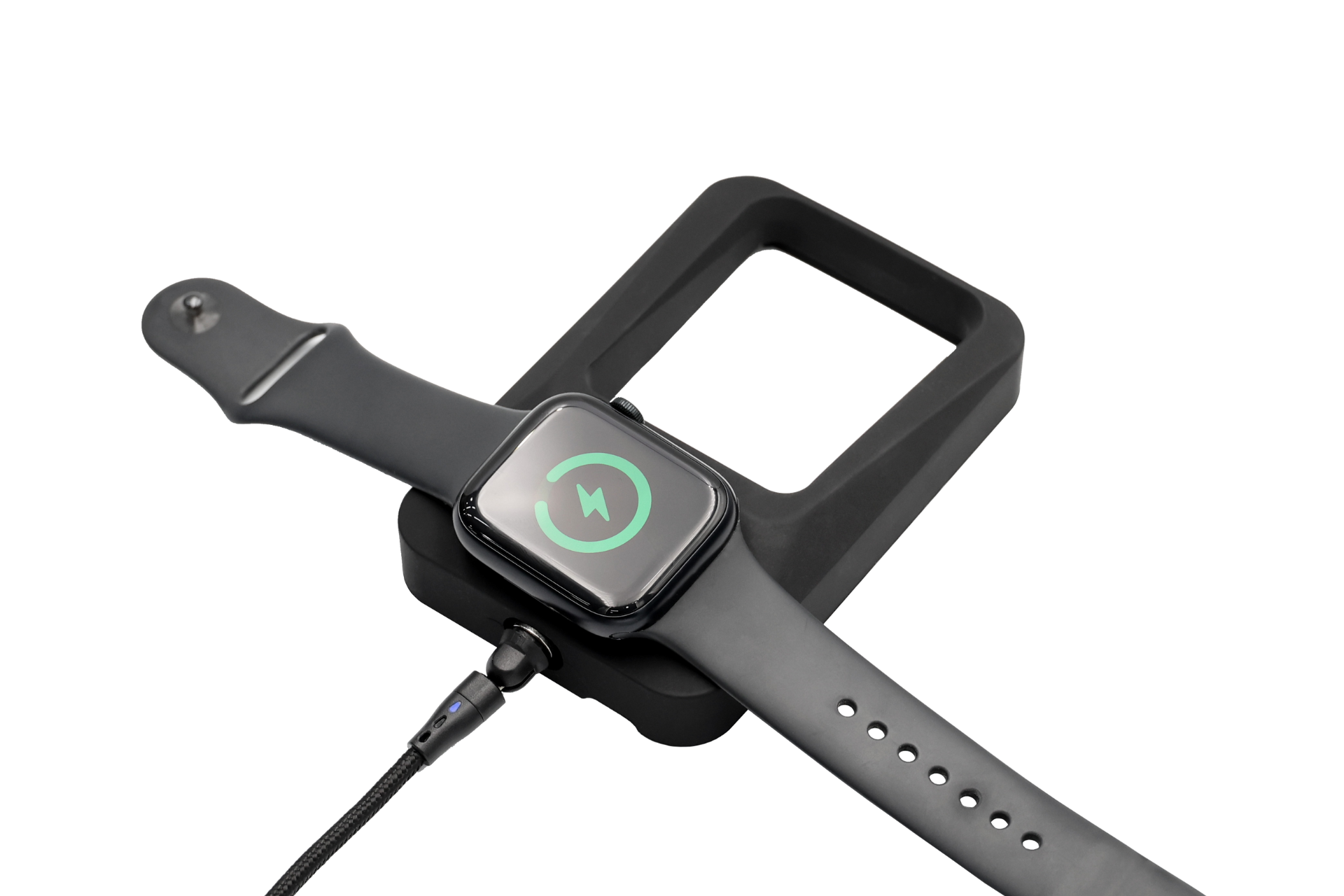 黑色智慧手錶正在 JOWUA 台灣多功能無線充電站+Apple Watch 無線充電組合上充電,並插入數據線;螢幕上的綠色圖示突出顯示了無線電源和便利性。.