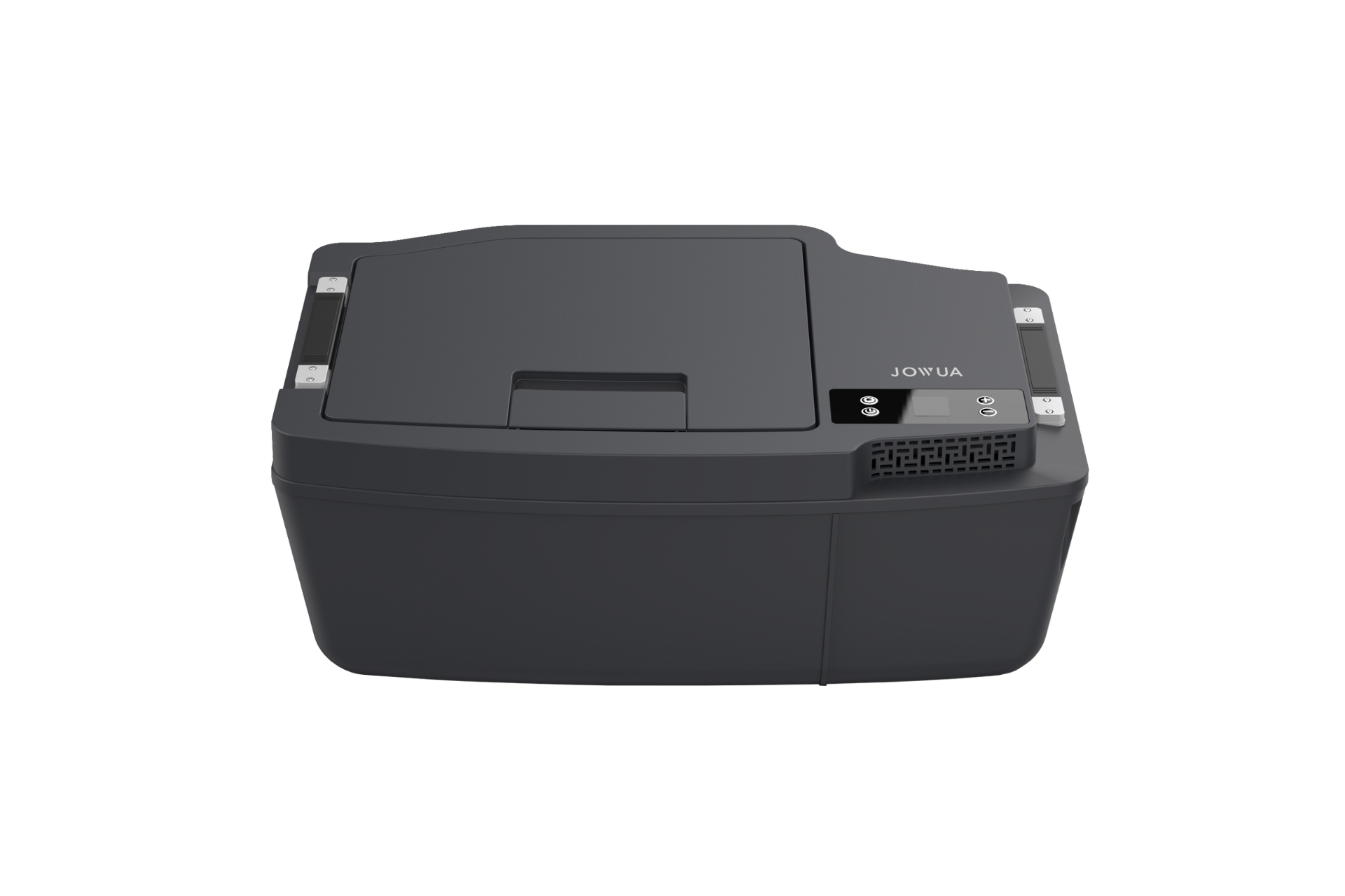 來自 JOWUA Taiwan 的精巧黑色 Type-C 車用行動冰箱 (Model 3 全車系),上蓋為封閉式設計,控制按鈕和指示燈位於右側,採用 Type-C 供電系統 高效能供電。上表面印有品牌名稱。.