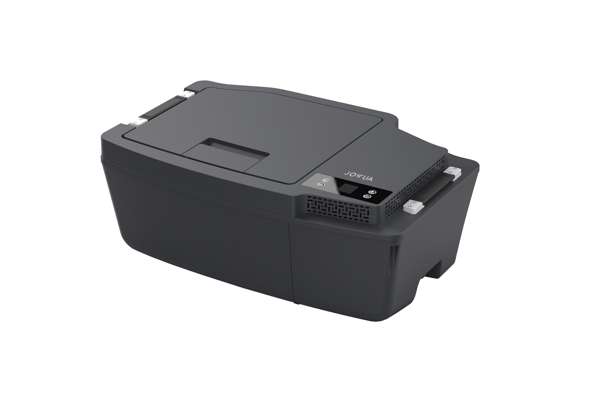 JOWUA 台灣 Type-C 車用行動冰箱 (Model 3 全車系) 採用 Type-C 供電系統高效能供電,以純白色為背景,採用流線型長方形黑色設計,並採用閉合式蓋子和簡約風格。.