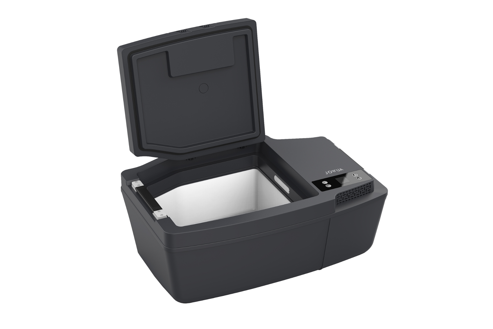 JOWUA Taiwan Type-C 車用行動冰箱 (Model 3 全車系) 以純白色為背景。這款可攜式車用行動冰箱以高效能供電為特色,無論您身在何處,都能確保可靠的效能。.