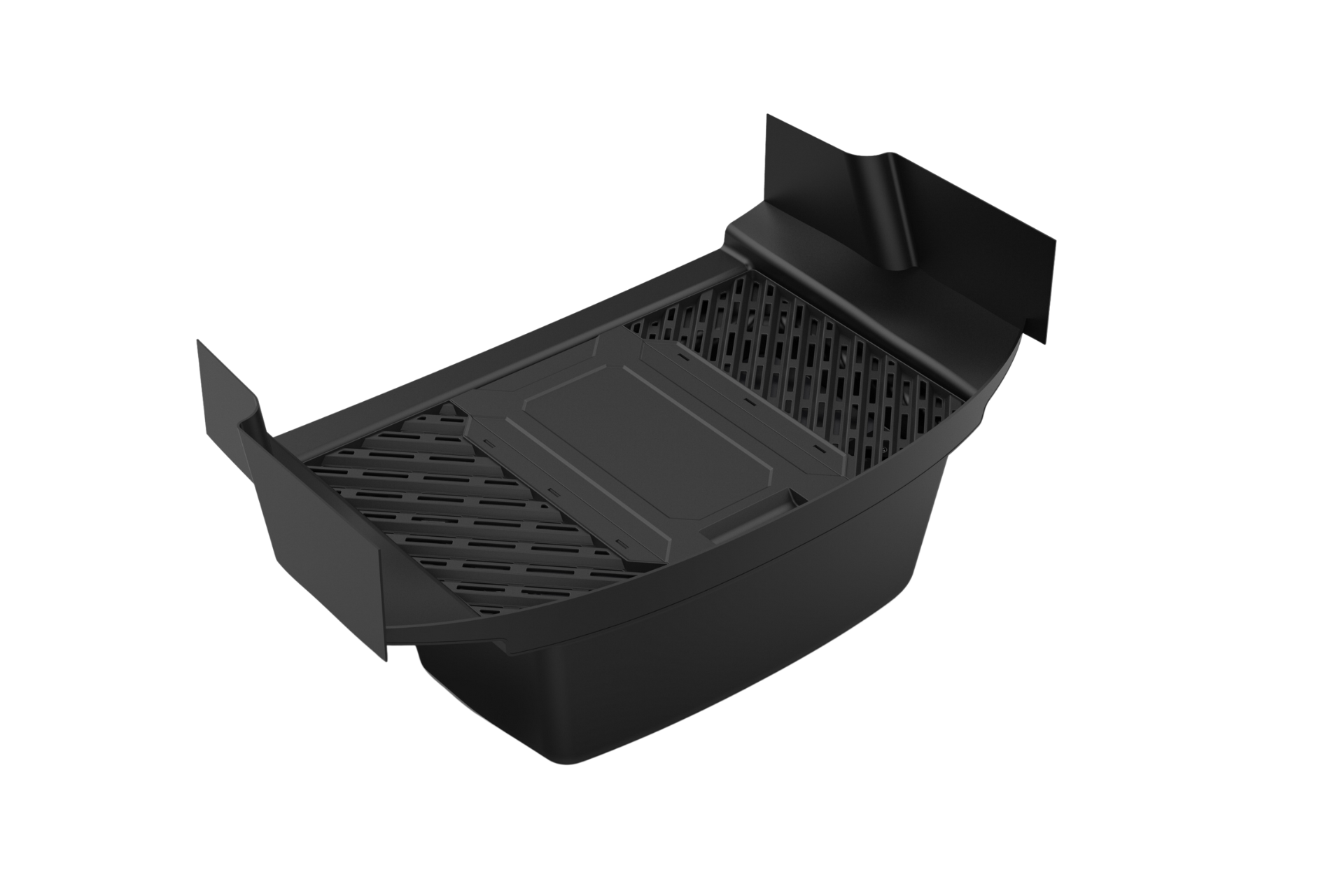 黑色塑膠成型的後車廂收納盒,具有凸起的邊緣和通風部分,可穩固地安裝在您的車內,是收納 JOWUA Taiwan Type-C 車用行動冰箱 (Model 3 全車系) 等物品的理想選擇。純白色背景。.