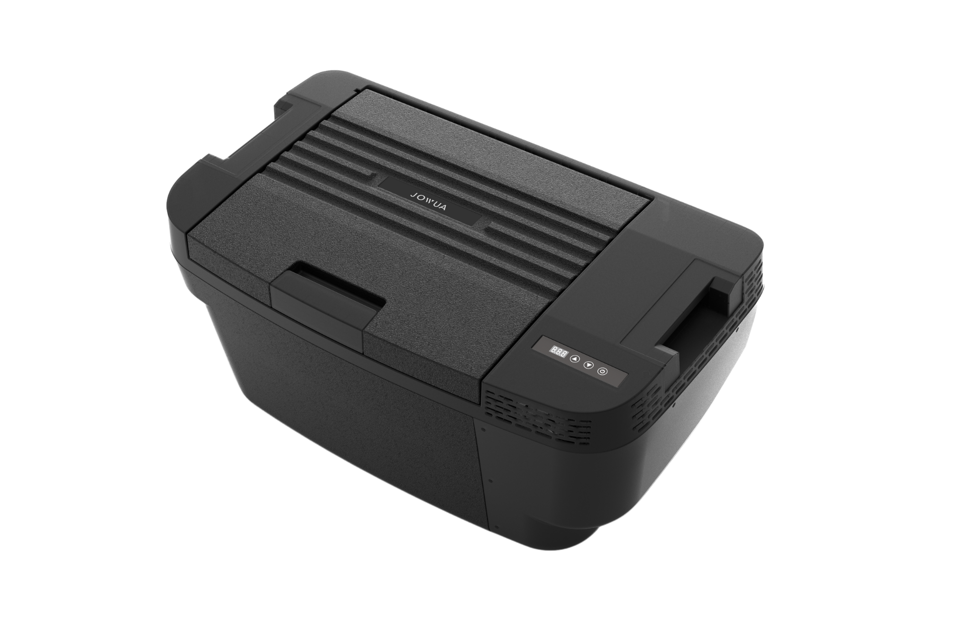 黑色的 JOWUA Taiwan Type-C 車用行動冰箱 (Model Y 全車系),搭配頂部的數位控制面板,從上往下看的角度顯示在白色背景上。.