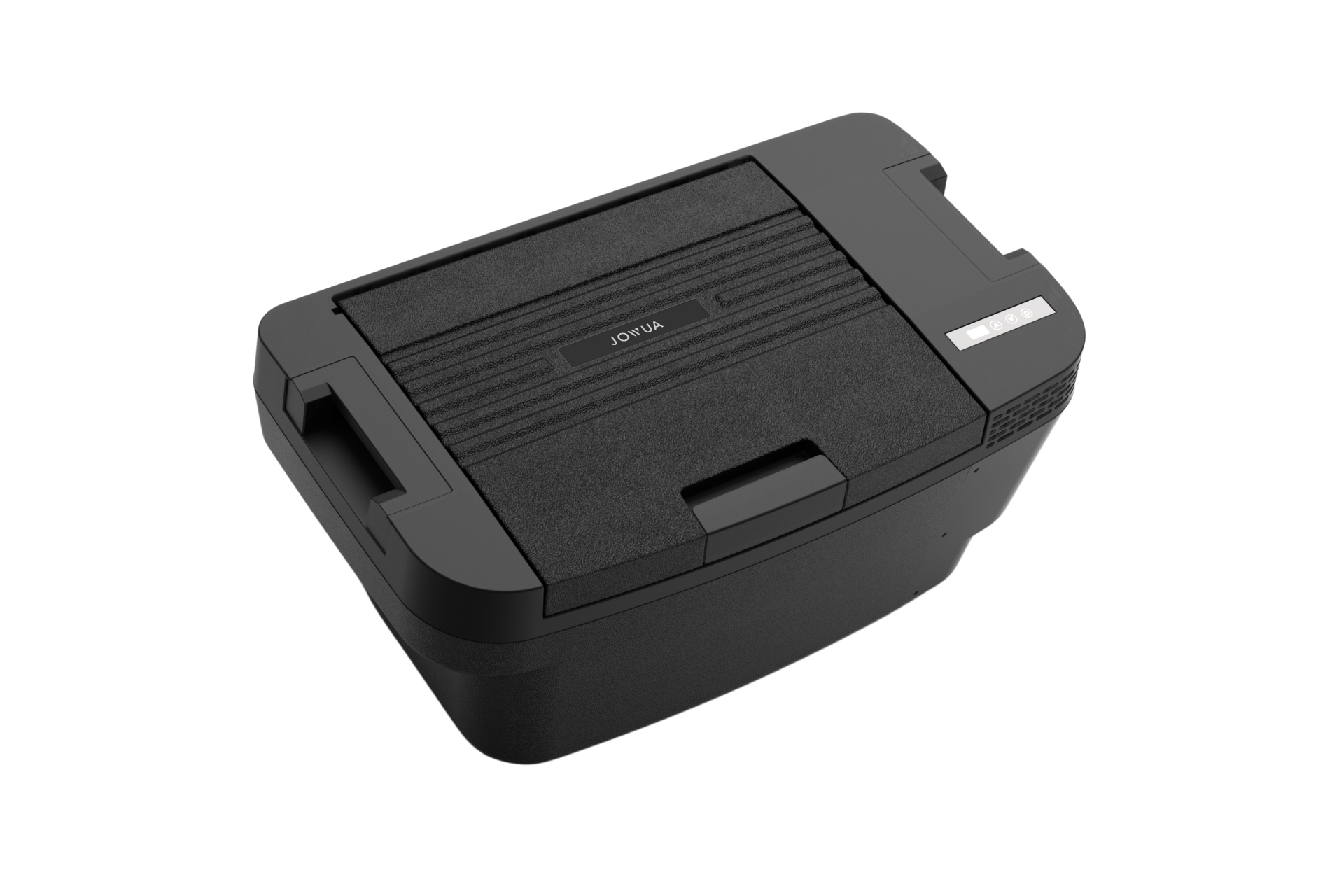 JOWUA Taiwan Type-C & 點菸器雙軌車用行動冰箱 (Model Y全車系) 顯示在白色背景上,突顯其精巧的設計、雙電源選項和方便的控制,可彈性地在車上使用。.