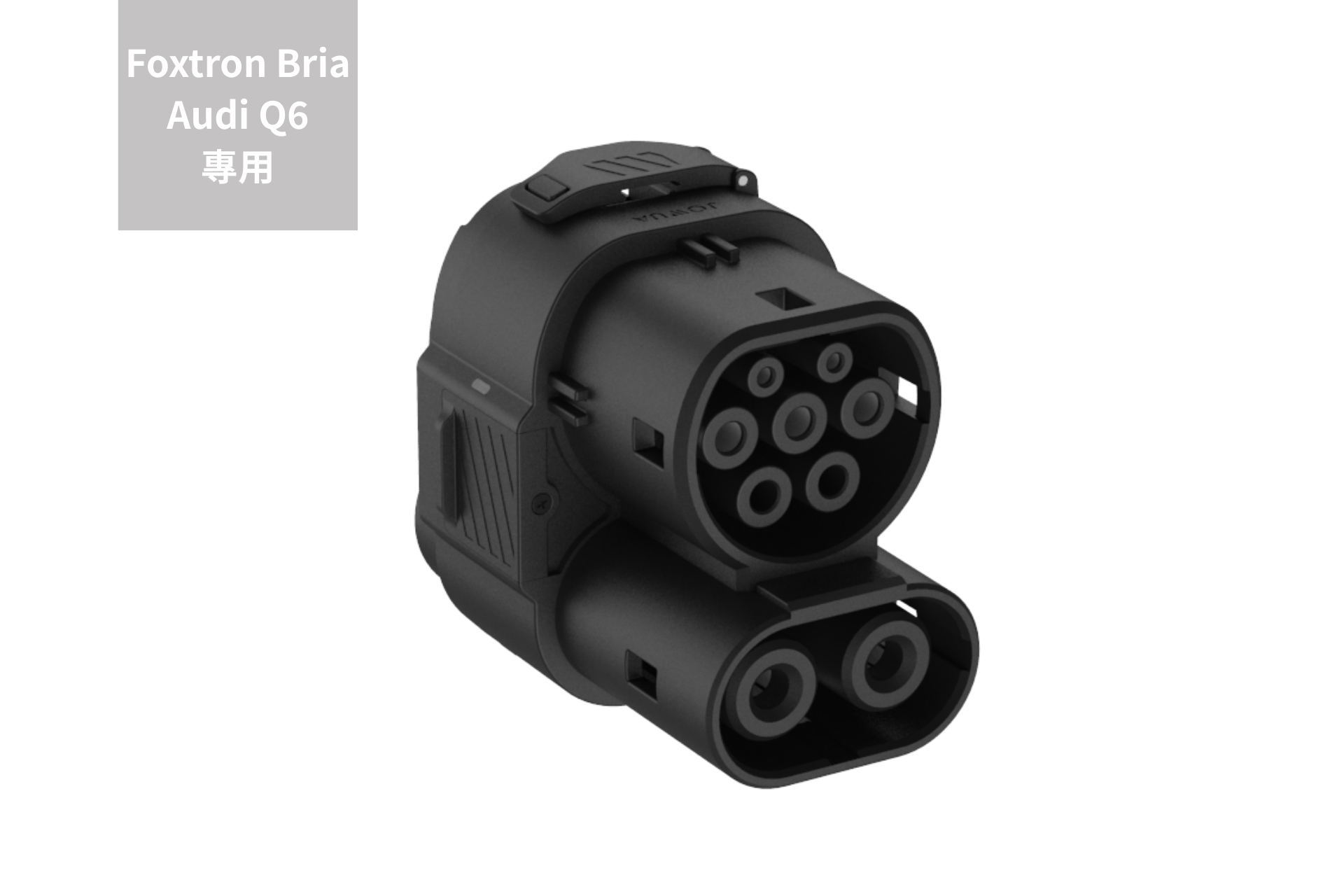 白底黑色 JOWUA Taiwan CCS1 to CCS2 DC & AC 快慢充萬用組充電連接器,適用於 Foxtron Bria 和 Audi Q6,灰色標籤說明專用於這些車型。.