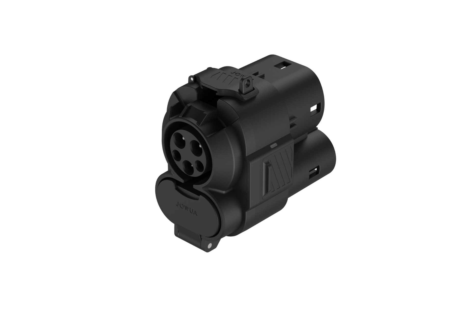 JOWUA 台灣 CCS2 DC & AC 快慢充萬用組,是一款黑色的電動車充電轉接器,有多個連接埠,適用於快慢充電樁,以純淨的淺灰色背景顯示。.