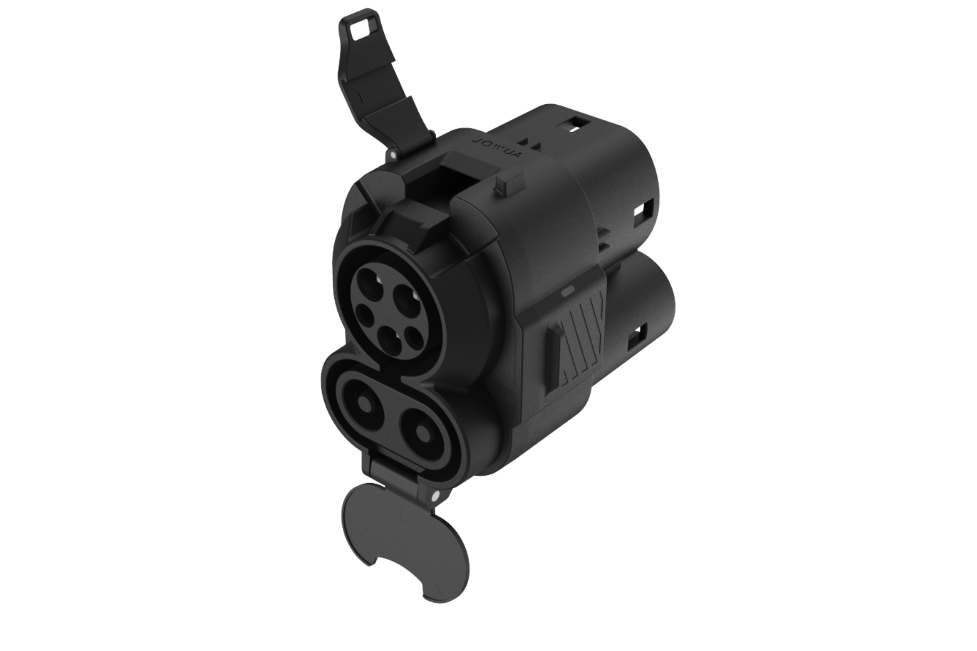 黑色 JOWUA Taiwan CCS1 to CCS2 DC & AC 快慢充萬用組 (Foxtron Bria、Audi Q6 專用) 電動車轉換器,有兩個圓形插頭區和翻蓋,顯示在純白色背景上。.