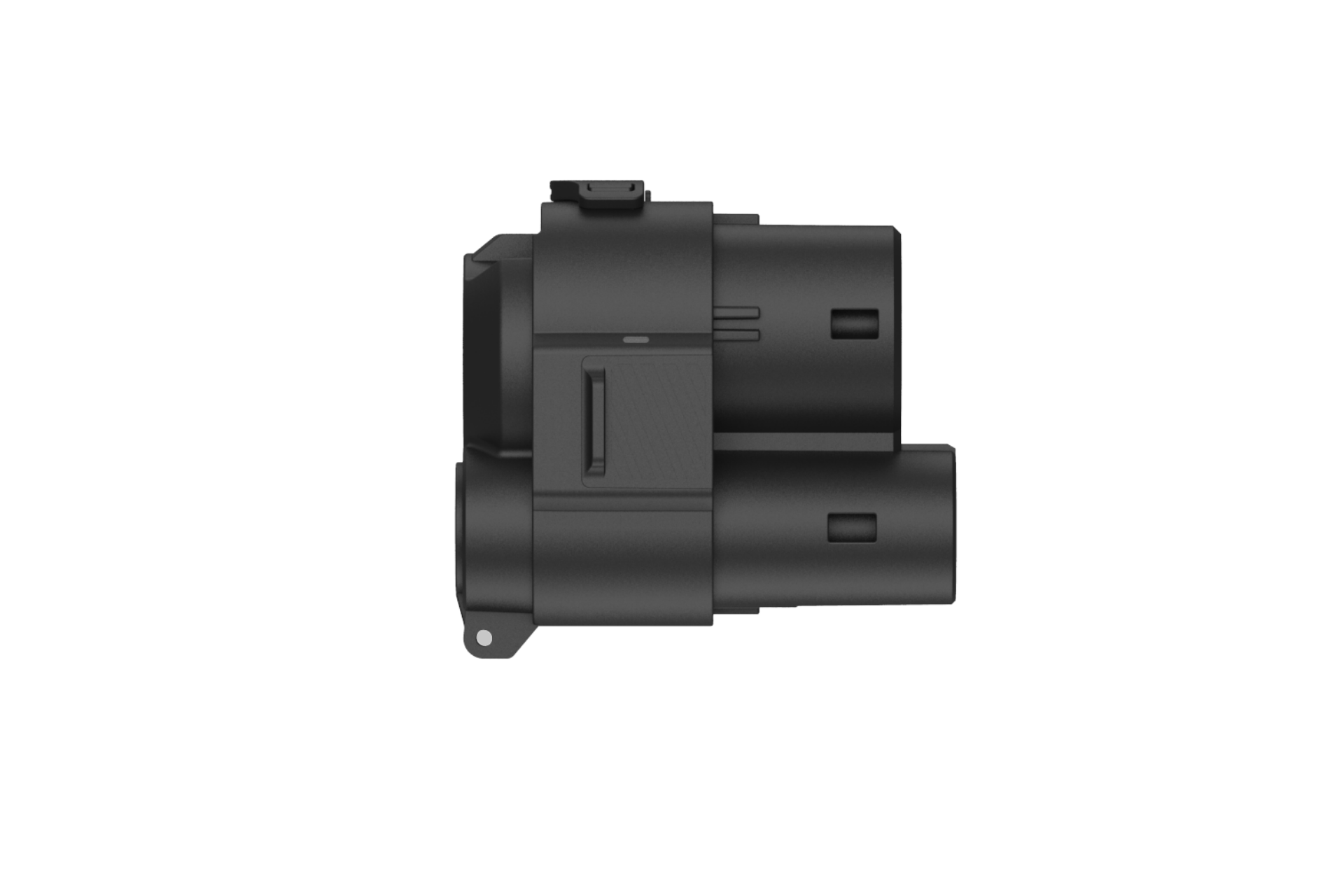 一個黑色的圓柱型電子組件,JOWUA Taiwan CCS1 to CCS2 DC & AC 快慢充萬用組 (Foxtron Bria、Audi Q6 專用),有多個插槽和連接器,側面顯示在純白的背景下。.