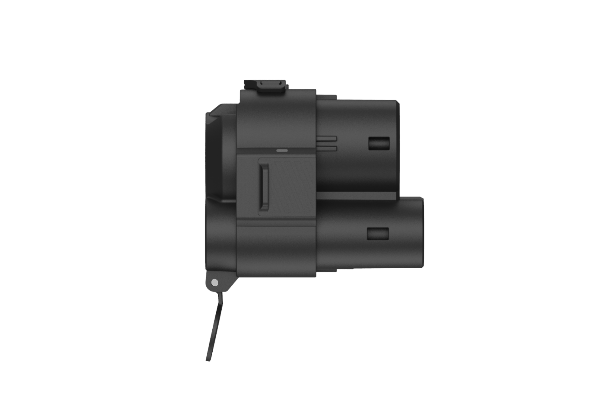 Side view of a JOWUA Taiwan CCS1 to CCS2 DC & AC 快慢充轉接頭 (Foxtron Bria、Audi Q6 專用) with two cylindrical parts and a hanging cord, designed for Audi Q6 CCS2 charging, isolated on white background.