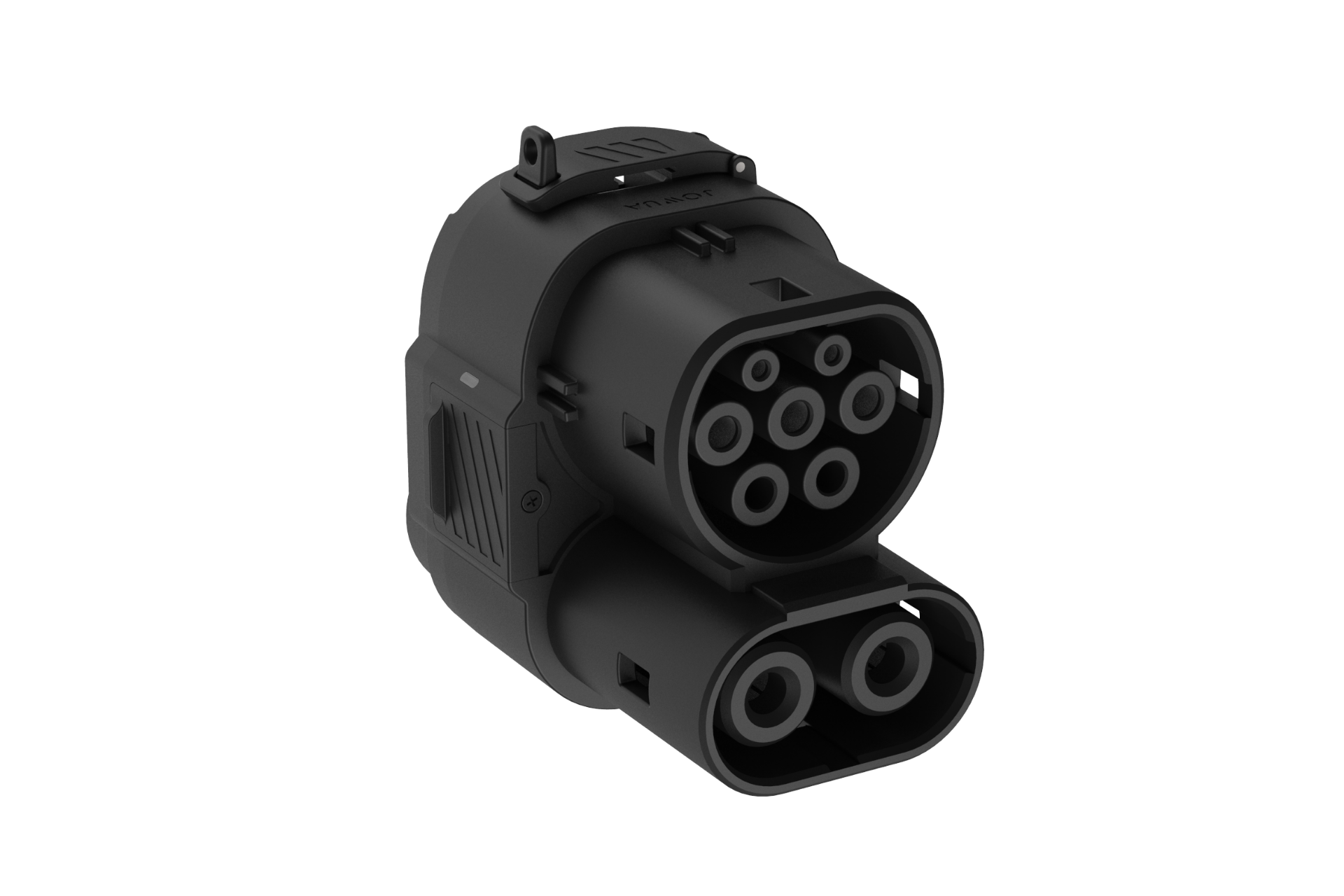 JOWUA 台灣 CCS2 DC & AC 快慢充萬用組黑色充電連接器,具有多個圓形連接埠和圓形/橢圓形插頭部分,適用於快慢充電樁,顯示在純白背景上。.