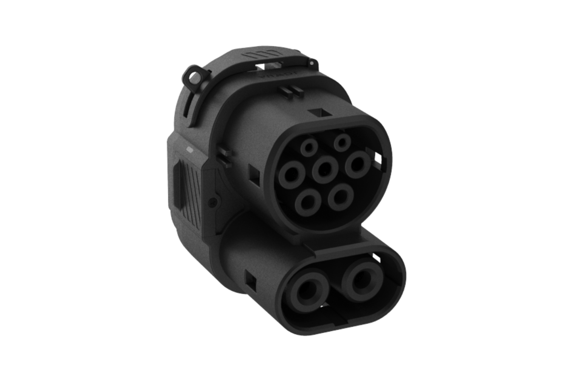 JOWUA 台灣 CCS1 至 CCS2 直流與交流快慢充轉接頭是一款黑色電動車充電轉接頭,配備多個圓形插針及兩個大型插座,圖中展示於純白色背景前。.