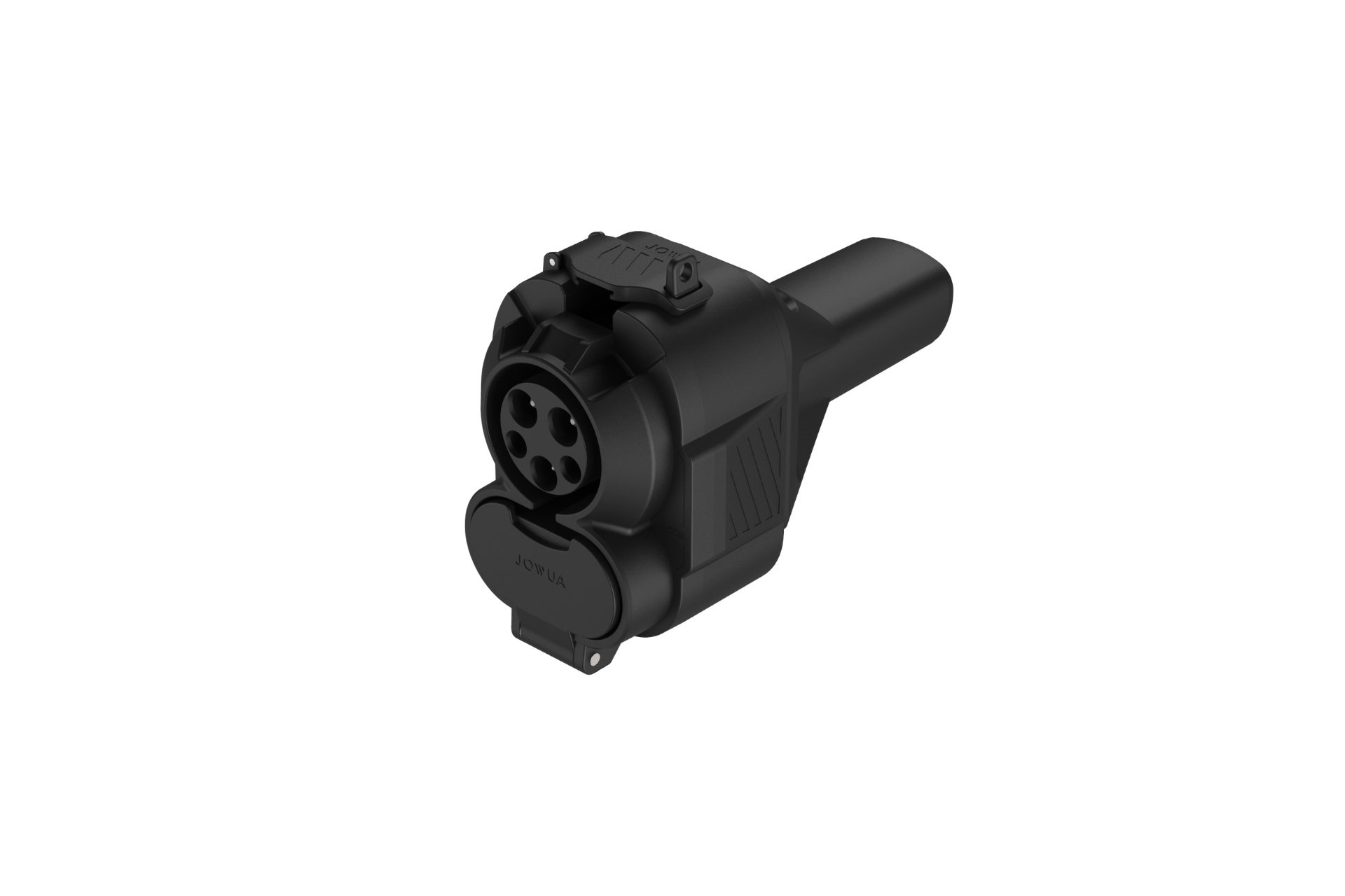 黑色的 JOWUA Taiwan CCS1 to NACS (TPC) DC & AC 快慢充轉接頭充電轉接器,配備圓形接頭和保護蓋,專為 特斯拉充電 而設計,以淺灰色的素色為背景。.