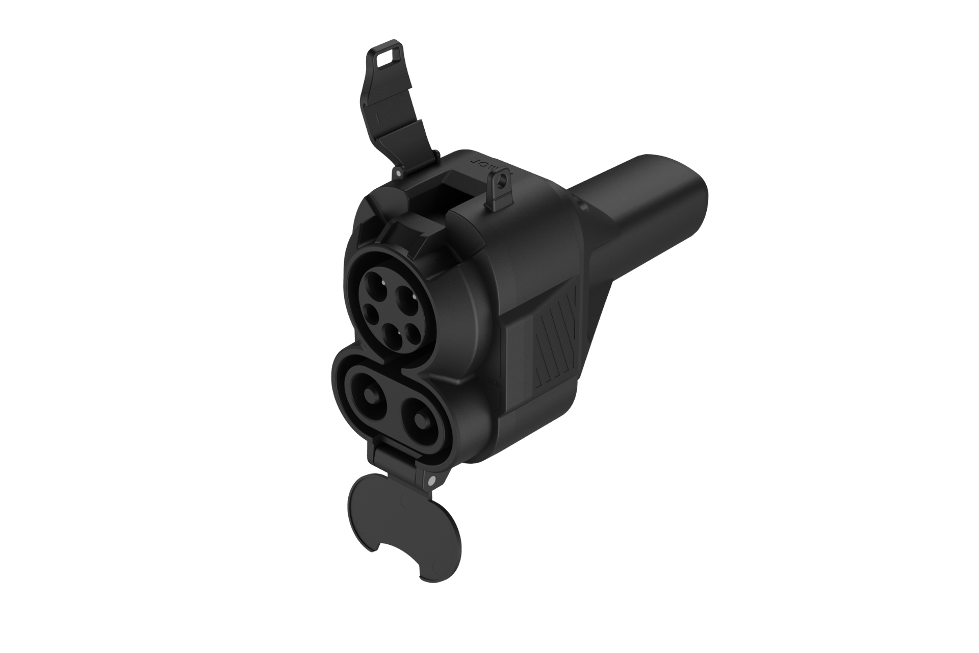 黑色 JOWUA Taiwan CCS1 to NACS (TPC) DC & AC 快慢充轉接頭電動車充電轉接器,配備兩個連接器連接埠和翻蓋,以純白色背景斜放顯示。.