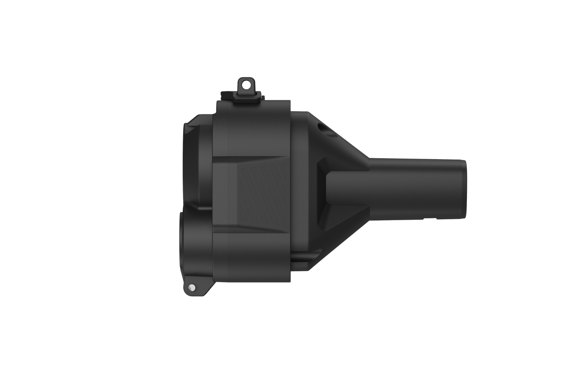 黑色、圓柱形的 JOWUA Taiwan CCS1 to NACS (TPC) DC & AC 快慢充轉接頭,具有兩個圓形腔體、長形噴嘴和安裝片 - 適合特斯拉充電 - 顯示在純白色背景上。.