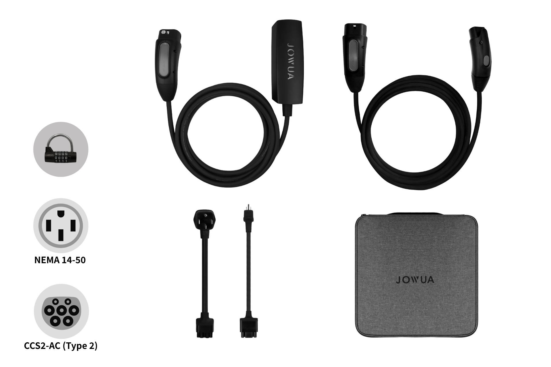 JOWUA 台灣雙用行動充電器 (CCS2-AC Type-2) 7kW/4.4kW|NEMA 14-50/6-20轉接器組合包含兩條充電線、兩個轉接器、一個灰色攜行盒,以及 CCS2-AC Type-2 和其他插頭類型的圖示。.