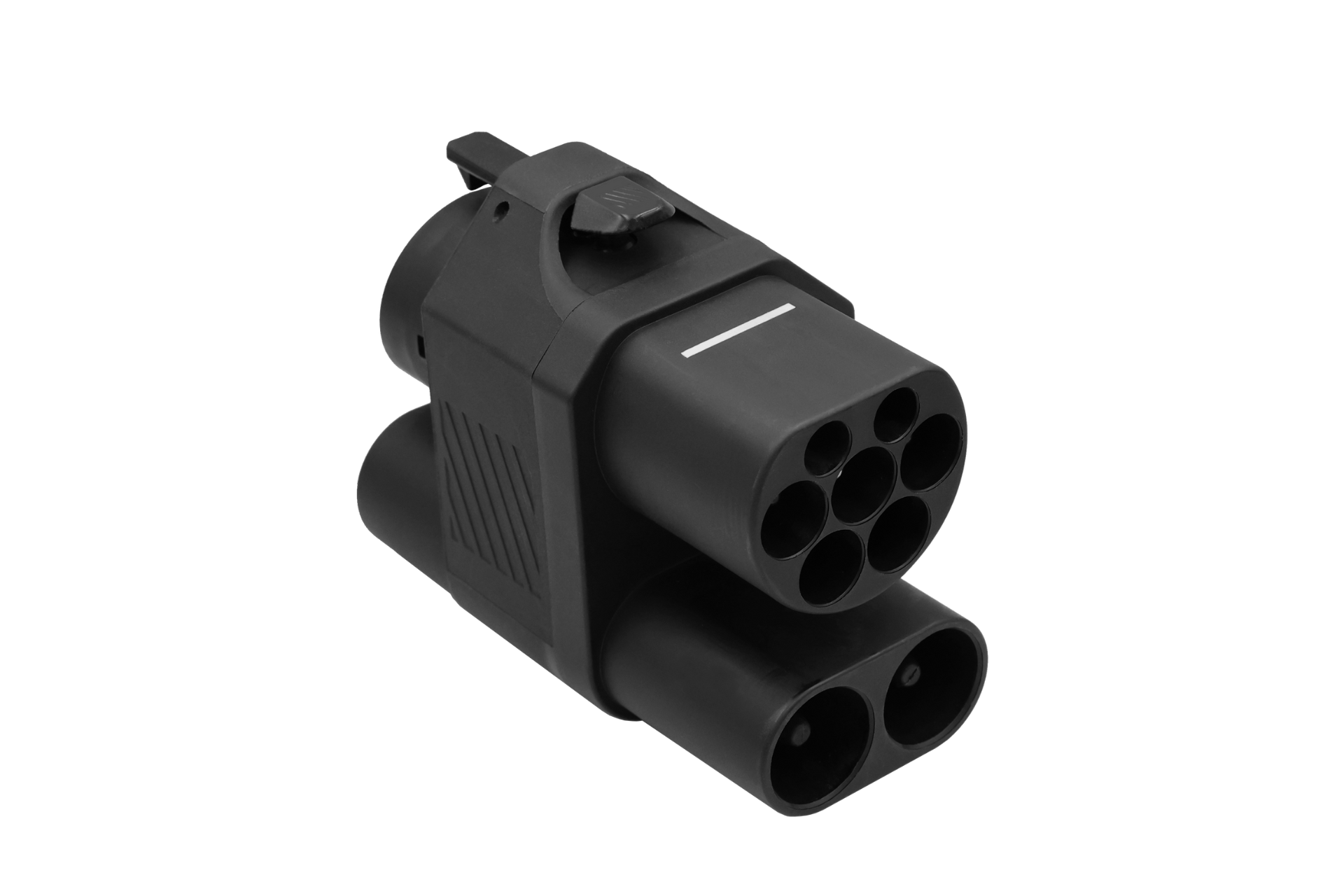 台灣 JOWUA 黑色電動車充電插頭的特寫顯示了 CCS2 至 CCS1 DC & AC 快慢充轉接頭,帶有圓形插腳和用於安全連接的閂鎖。它具有霧面飾面、流線型設計和溫度監控防護,可實現最佳安全性。.