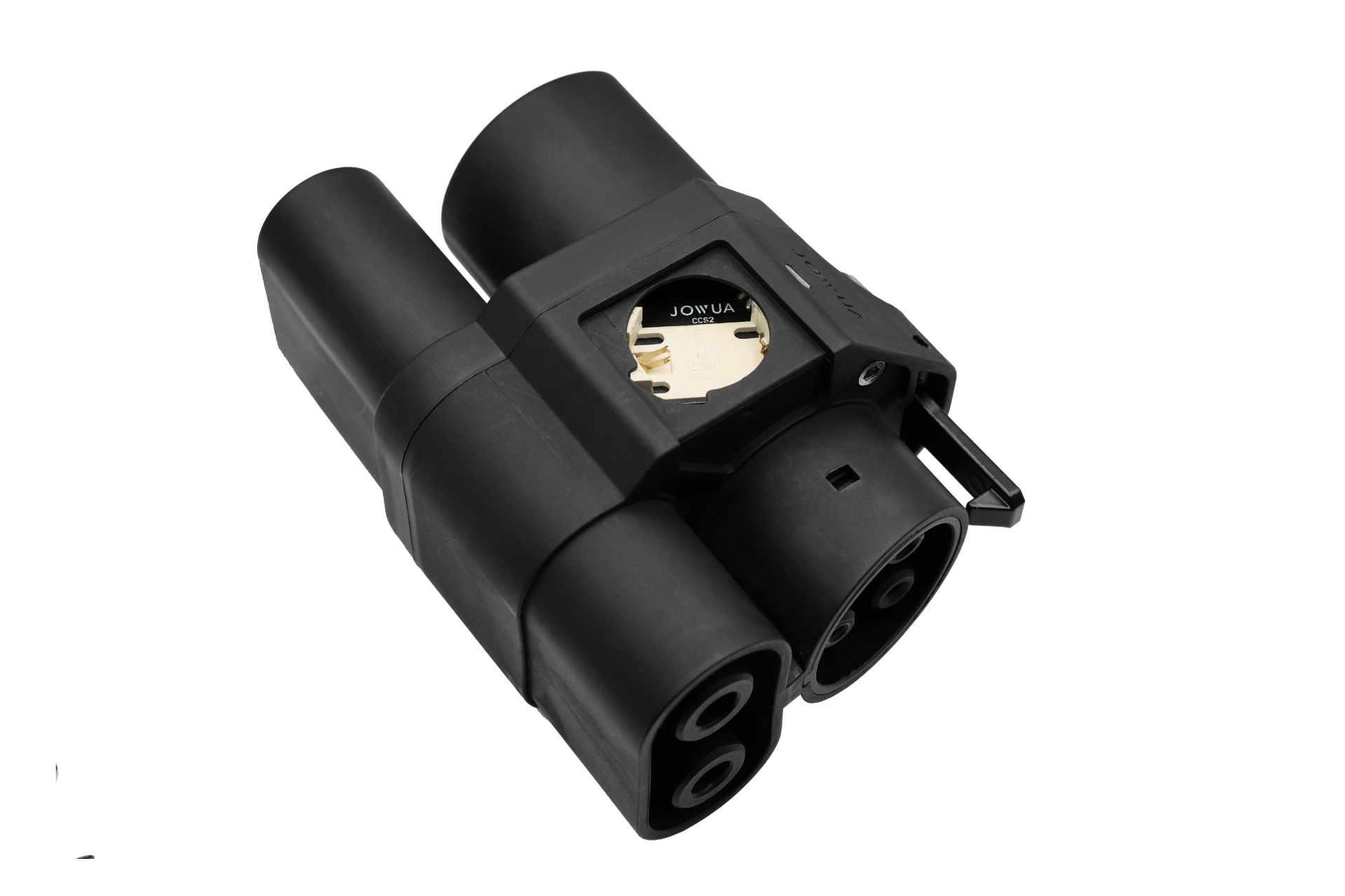 台灣 JOWUA 的時尚黑色圓柱形電連接器品牌為「CCS2 to CCS1 DC & AC 快慢充轉接頭」。它有四個圓形連接埠和一個頂部電路板,具有溫度監控保護功能以確保安全,並具有側閂鎖。.