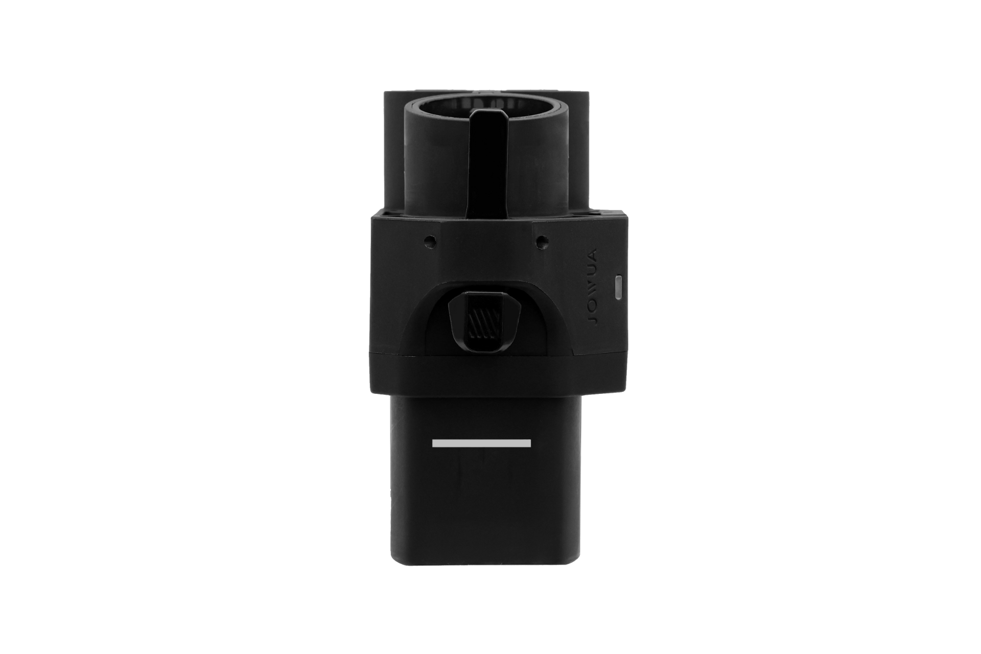 JOWUA 台灣 CCS2 至 CCS1 DC & AC 快慢充轉接頭採用黑色圓柱形塑膠設計,具有多個部分和一個中心插槽,包括一個突出的閂鎖和多個開口。其複雜的機械外觀在白色背景下凸顯出來。.