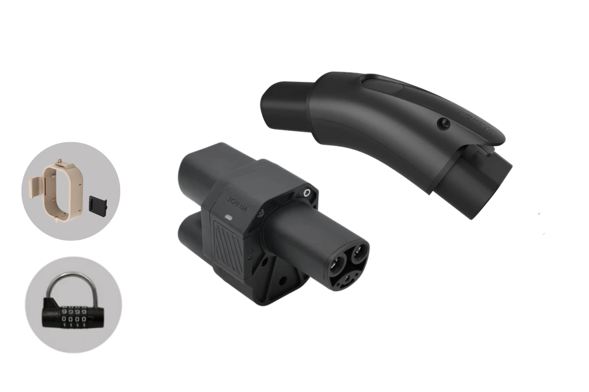 JOWUA Taiwan CCS2 & Type-2 to TPC (NACS) 快慢充組合,以黑色充電連接器、黑色轉接器、棕褐色壁掛架及黑色圓形組合掛鎖為特色,並以淺灰色為背景。.