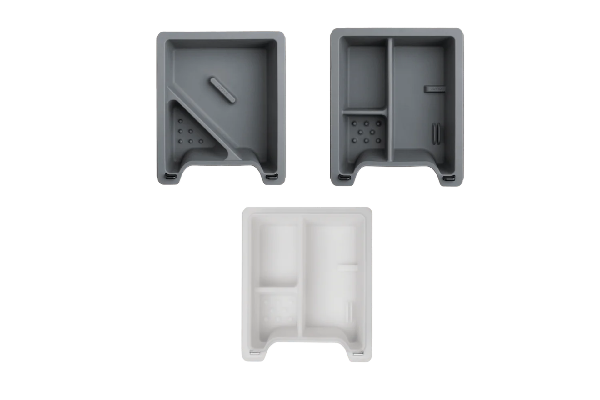 三個 JOWUA Taiwan 中控收納盒(Model 3/Y 2021-2023)-兩個深灰色、一個白色-擁有多個隔間和分隔設計,非常適合特斯拉中控收納或 Model 3 Y 收納的需求。在白色背景上以網格顯示。.