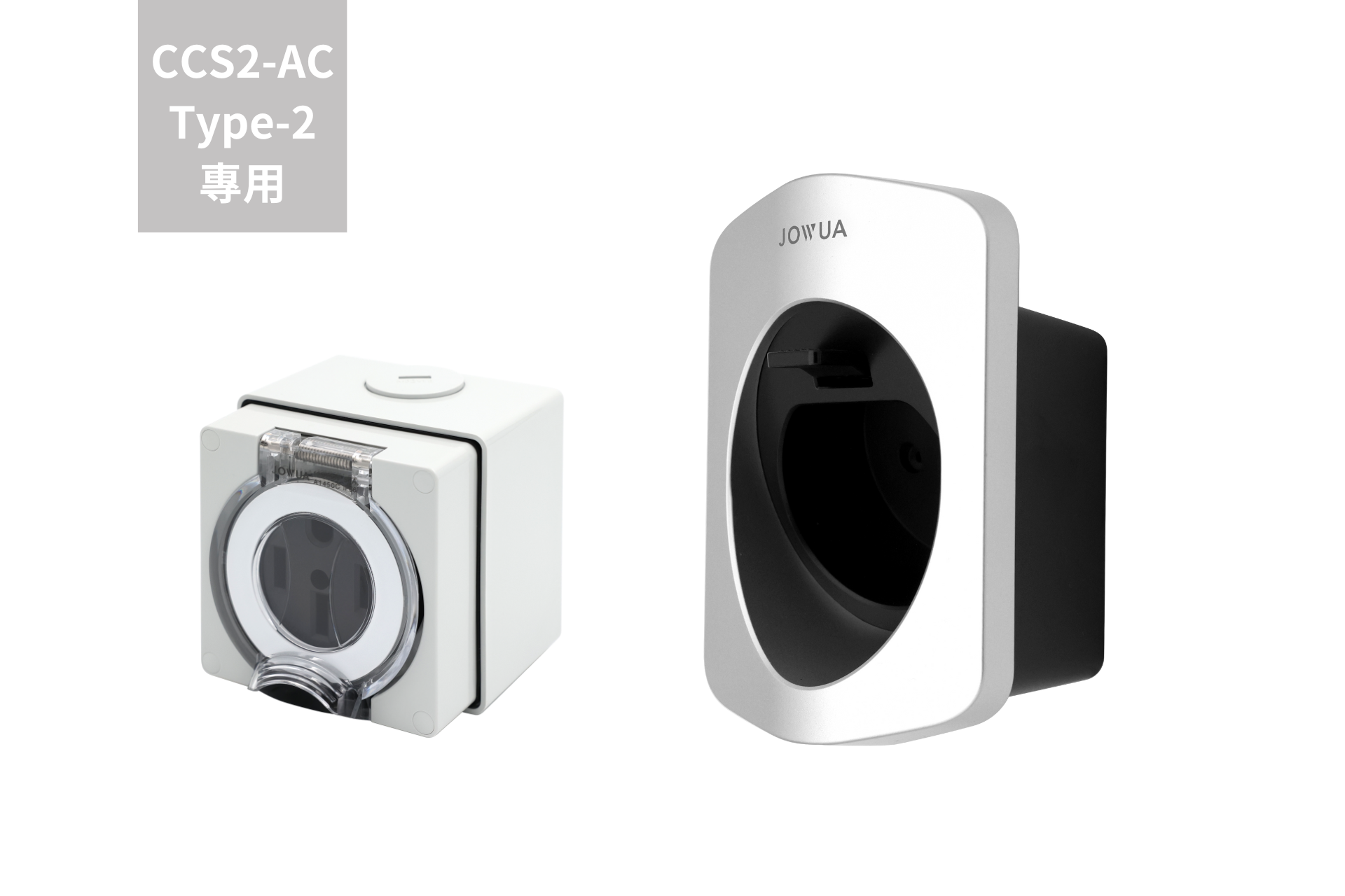 該產品具有兩個電動車充電插座:左側為帶透明蓋的方形插座,右側為帶金屬框架的圓形「Jomua」插座,提供 IP66 防水薄膜保護。上面,「CCS2-AC Type-2 専用」以灰色文字顯示。品牌:JOWUA台灣,產品:槍線固定整理器+NEMA 14-50防水插座組合。.