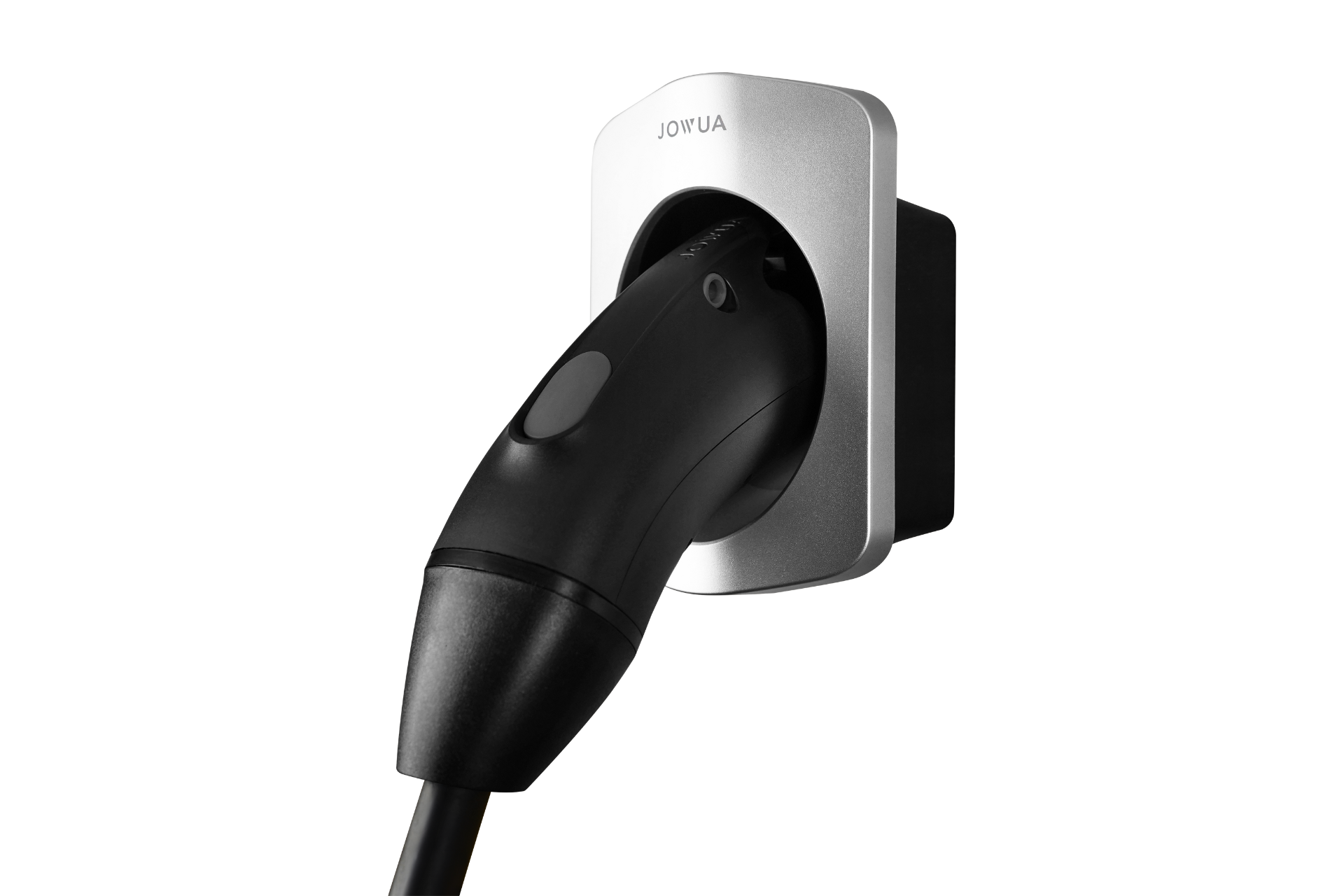 來自台灣 JOWUA 的時尚黑色電動車充電器,配有槍線固定整理器 (J1772),插入銀色 NEMA 14-50 防水插座組合。防水防塵的設計在純白色的背景下顯得格外突出。.