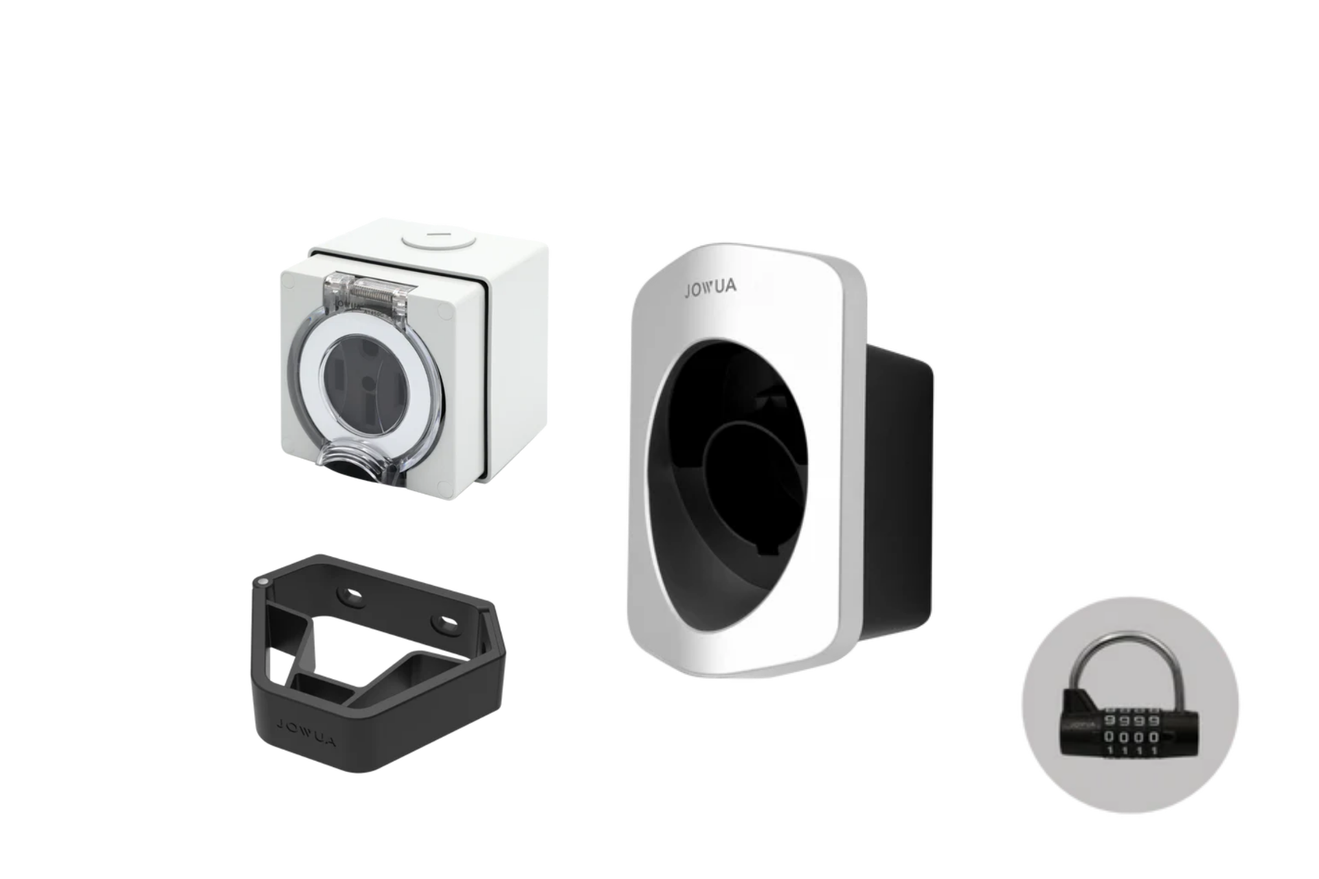 來自 JOWUA Taiwan 的四款安全產品:防盜槍線固定整理器+NEMA 14-50防水插座組合 (CCS2/CCS1/NACS)。.