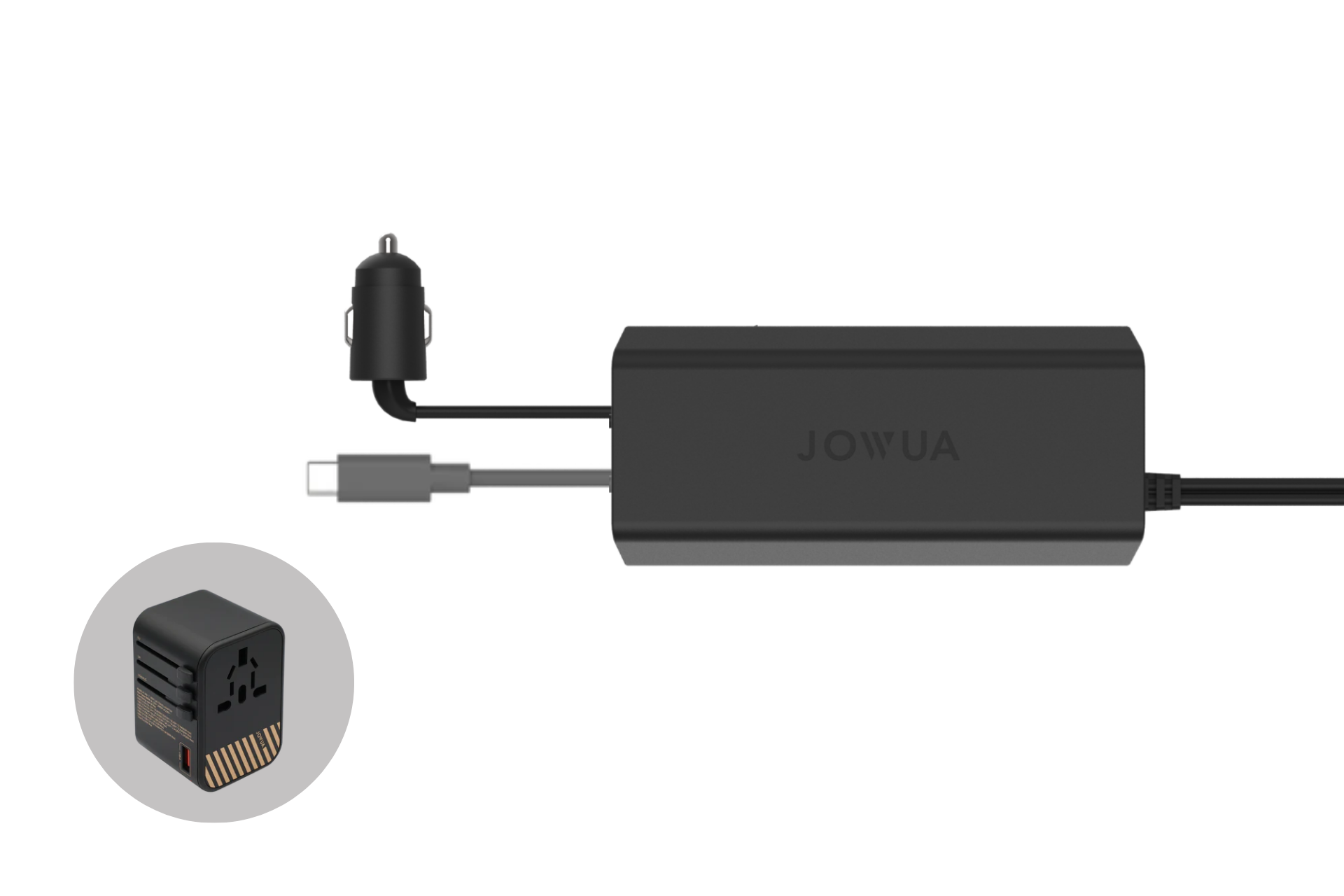 展示黑色 JOWUA Taiwan 雙軌滑板車充電器+65W 充電器組合,具備多種連接埠,包括 Type-C 和車用充電器。插圖顯示萬用電源插頭轉接器。背景為淺灰色。.