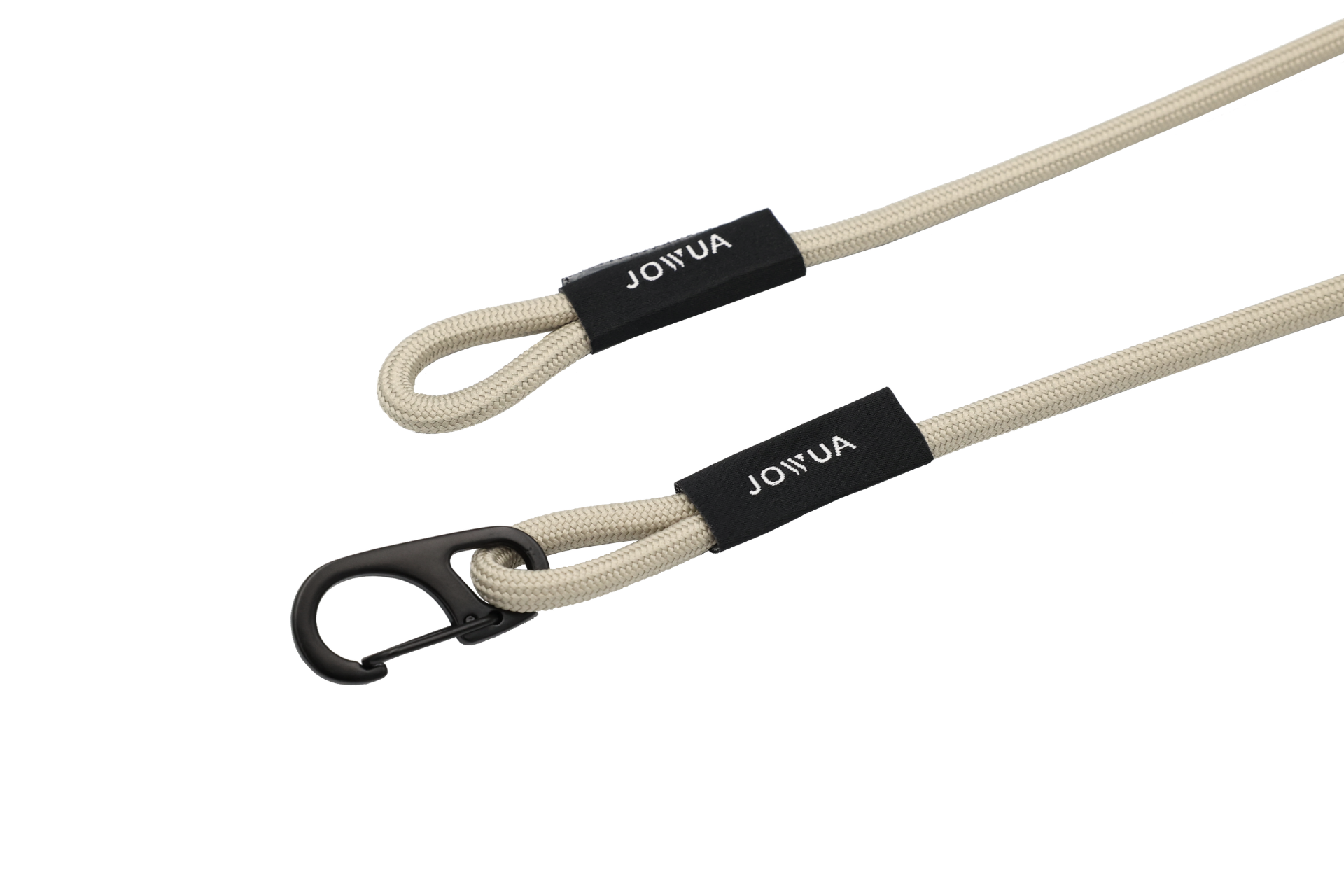 帶有黑色夾子和連接器的米色編織掛繩,帶有黑色標籤和白色文字“JOWUA台灣”,旨在模仿納智捷LUXGEN n⁷的優雅內飾,被稱為充電槍緊急釋放延長拉繩。.