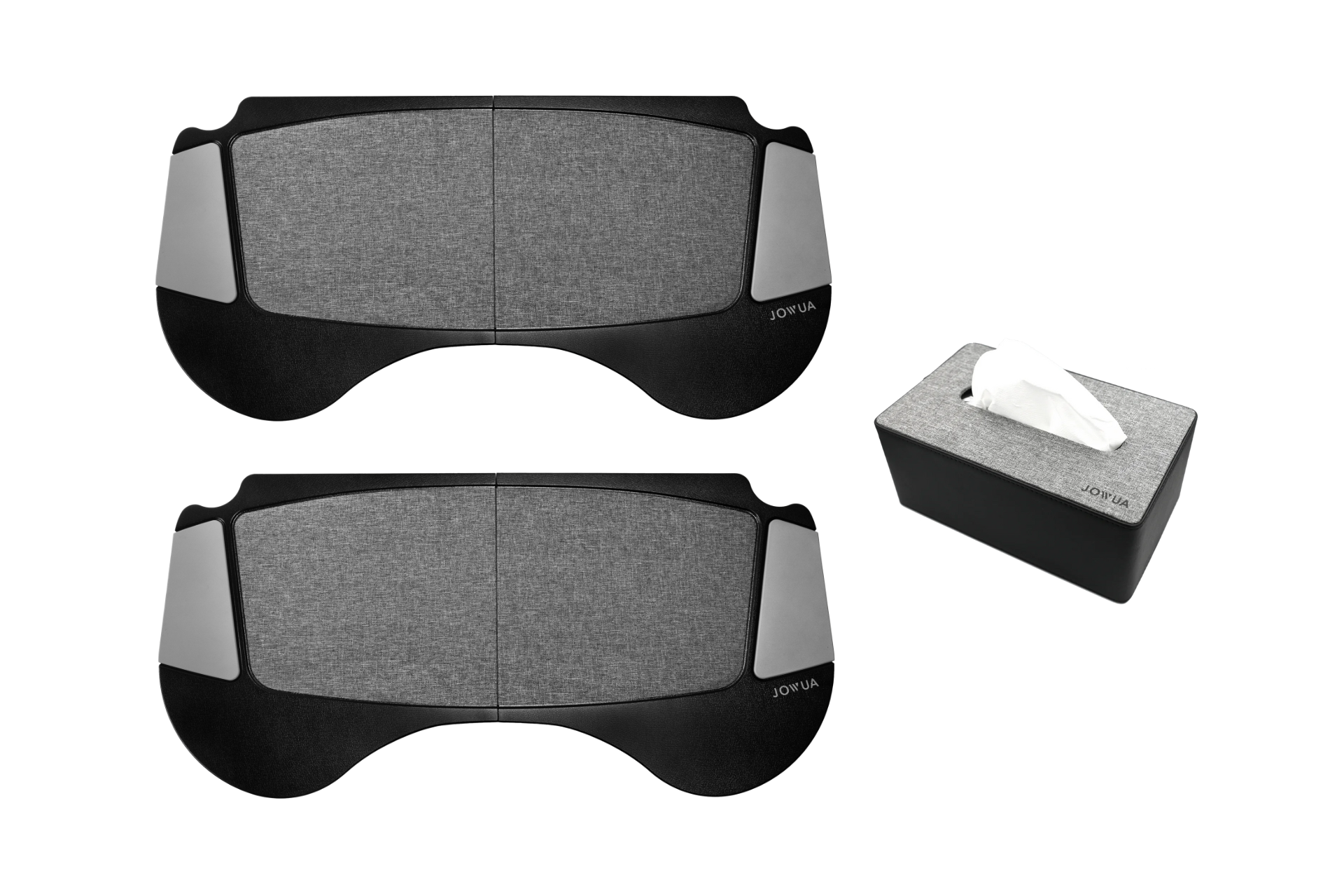 兩個標有“JOWUA Taiwan”的黑色和灰色矩形腳踏控制器並排展示,完美地補充您的行動辦公室。旁邊的灰色布紙巾盒,內藏白色紙巾,同樣印有「JOWUA Taiwan」標籤,將風格與功能完美融合。.