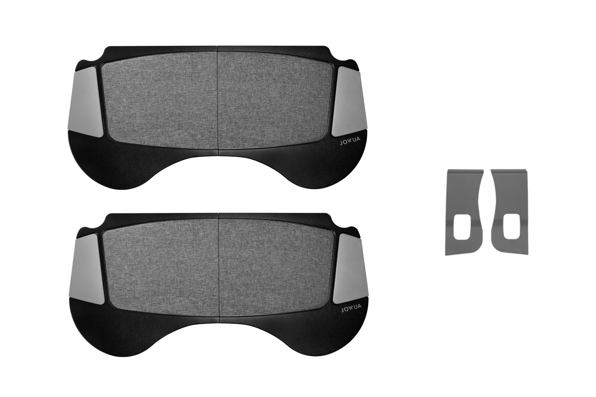 兩組織物覆蓋的弧形面板,品牌為“JOWUA Taiwan”,標記為適用於 Model 3(2024+)的車用折彎桌板兩入組,體現了類似特斯拉的時尚設計。右側有兩個獨立的部分,建議整合到更大的組裝或行動辦公設定中。.