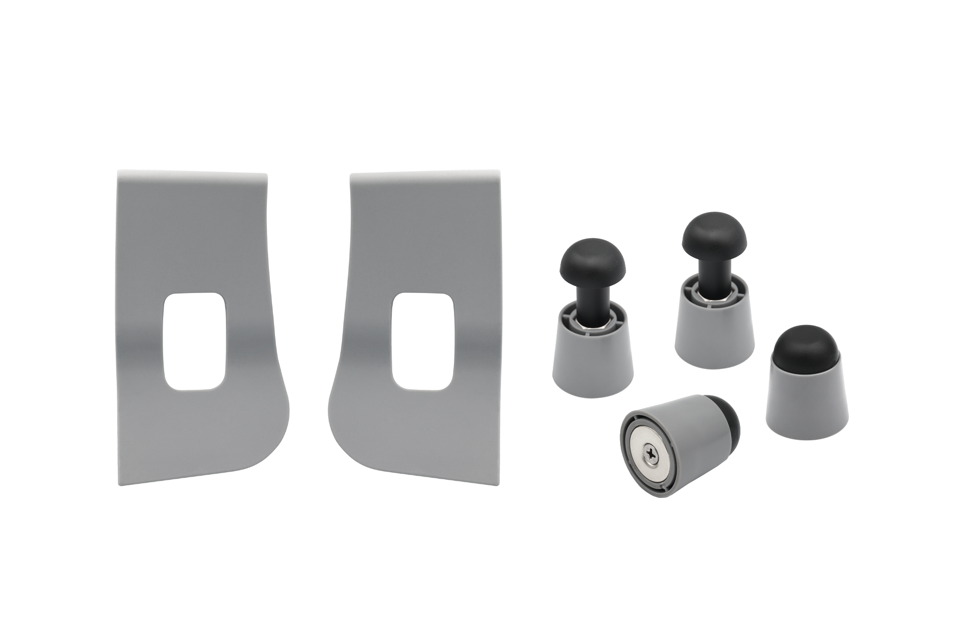JOWUA 台灣車用折疊桌板包括兩個帶有矩形切口的銀色支架、三個灰色橡膠頭腳、一個額外的頭和一個小型圓柱形鎖,非常適合升級您的 Tesla 或創建時尚的行動辦公室設置。.