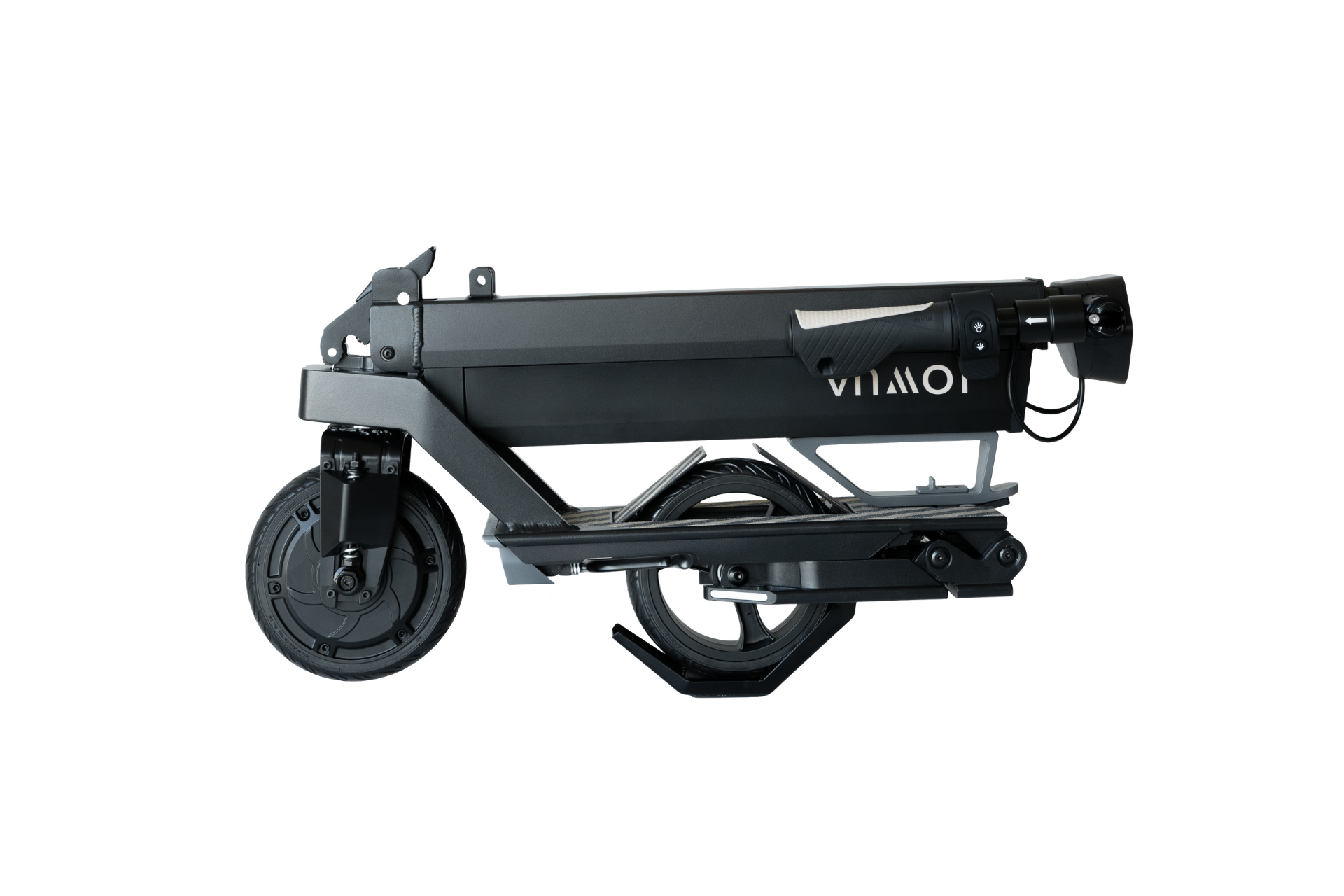 JOWUA Taiwan 折疊電動滑板車|Performance,在白色背景下完全折疊,突顯其電池容量升級,適合長時間騎乘。.