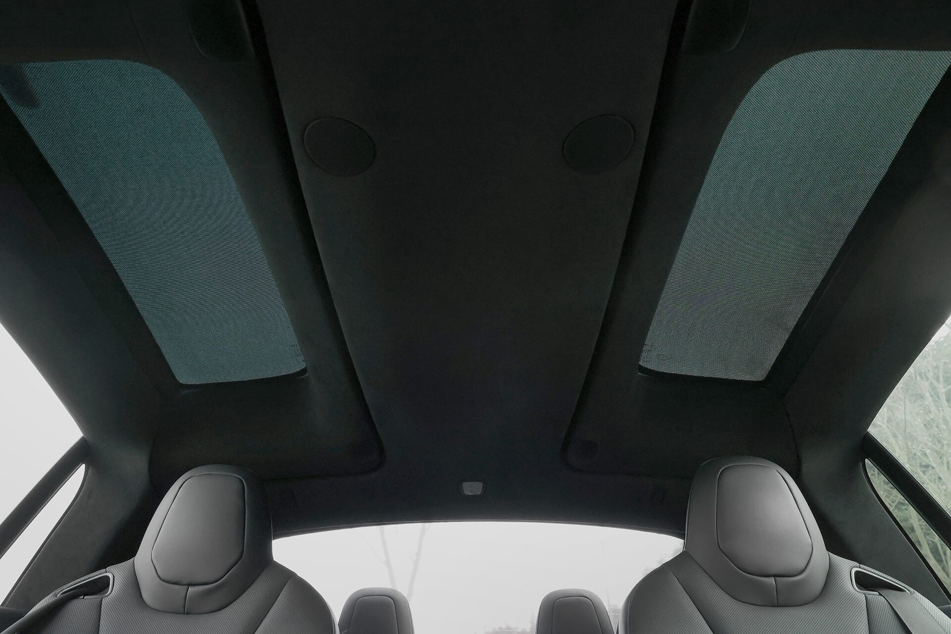 Model X 的內部視圖展示了兩個帶有有色玻璃和灰色皮革頭枕的天窗。這種簡約的設計包括 JOWUA Taiwan 分離式遮陽簾,提供增強的隔熱效果,頭枕設置在可透過後窗看到的淺灰色天空上。.
