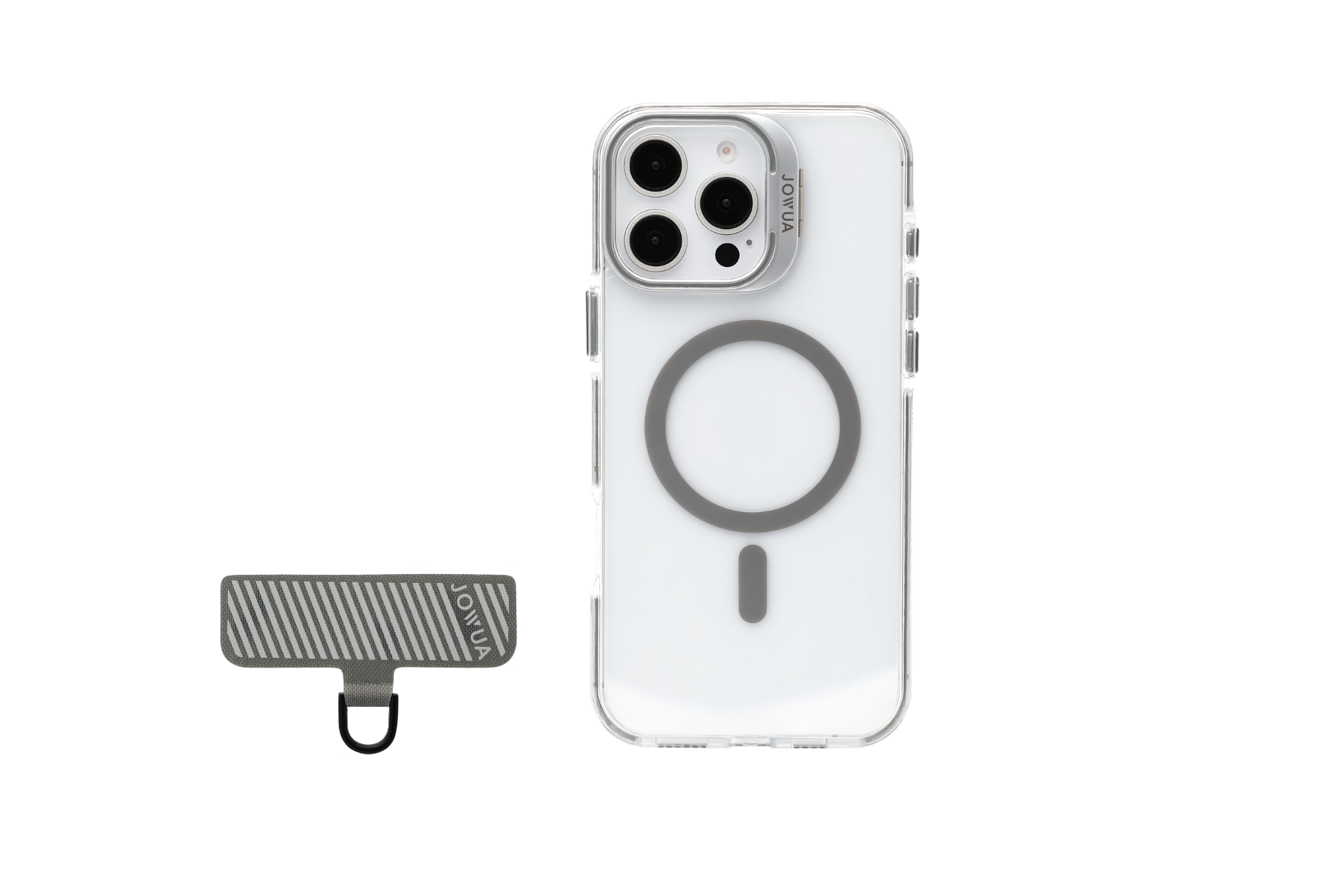 JOWUA 台灣 MagSafe 透明支架保護殼+掛繩夾片組適用於 iPhone 16,採用透明外殼和圓形磁性設計,可進行無線充電,並包含一個帶有環和對角條紋的小型矩形金屬配件,可兼作指環扣支架。顏色:透亮白。.