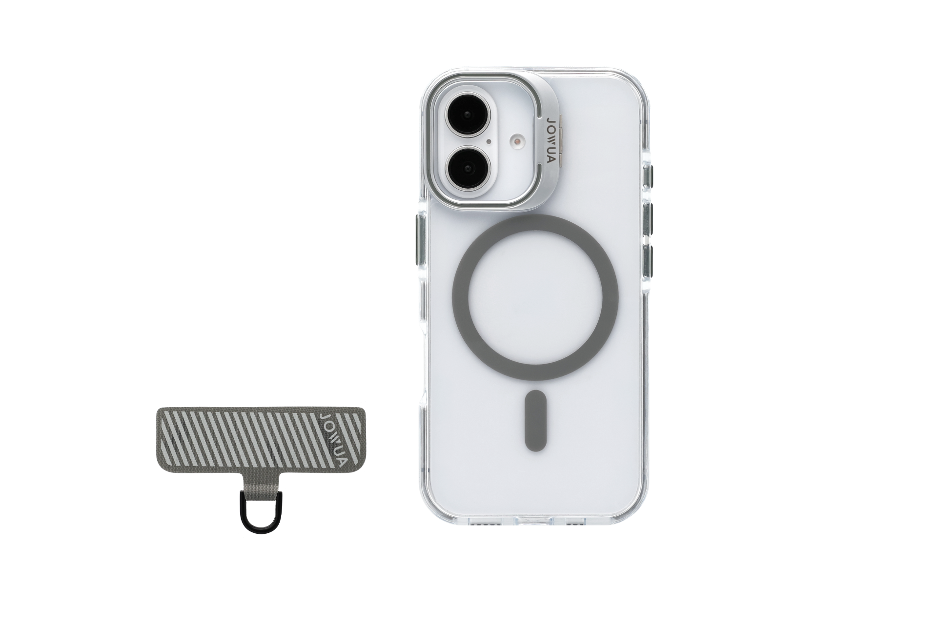 JOWUA 台灣 MagSafe 透明支架保護殼+懸掛夾片組(透亮白色)適用於 iPhone 16 系列,採用圓形 MagSafe 設計,帶有環狀條紋圖案的矩形配件,增強了防摔保護殼功能。.