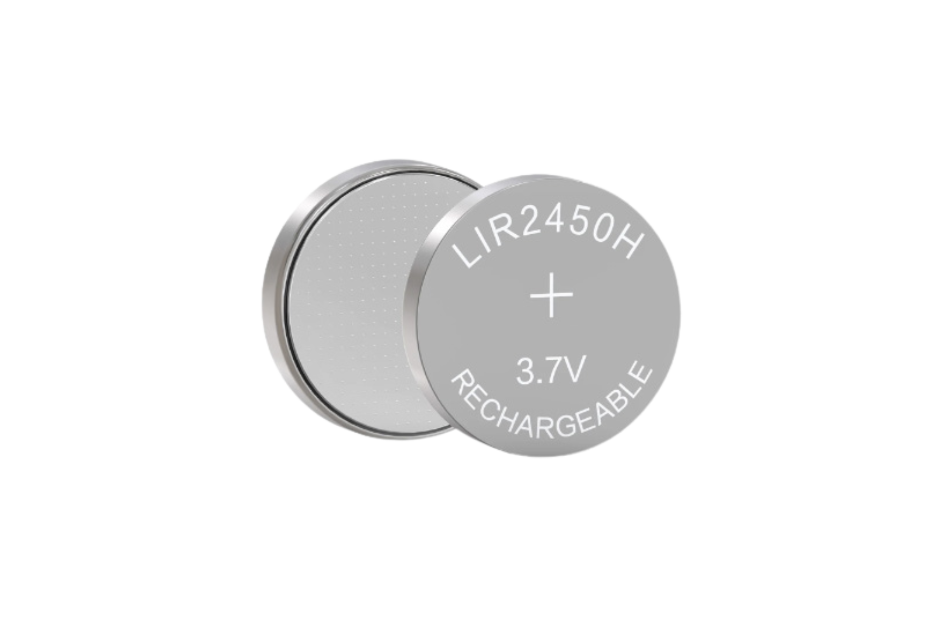 圖中是一對 JOWUA 台灣銀色紐扣電池。前面的電池上標有“LIR2450H”、“3.7V RECHARGEABLE”,並帶有加號,表示它是可充電鈕扣電池。第二顆電池部分可見,適用於 LIR2450專用充電器。.