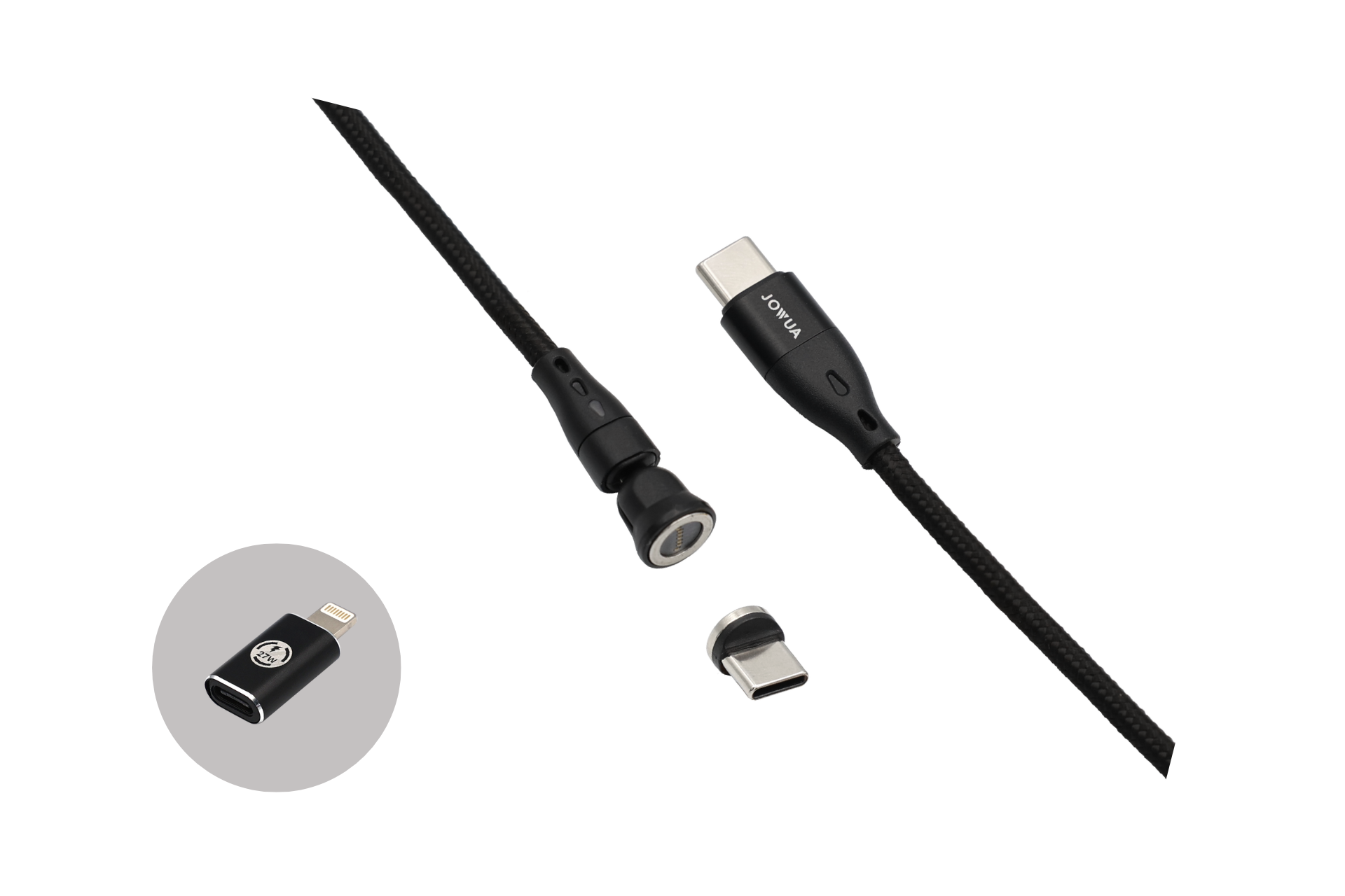 JOWUA 台灣 USB-C 車用磁吸線 (0.4M/1M/1.8M) 具有磁性可拆卸連接器尖端和適配器,可快速充電。該電纜具有耐用的編織外殼,與尖端和左側的適配器插入件一起展示,突出了其磁性功能。.