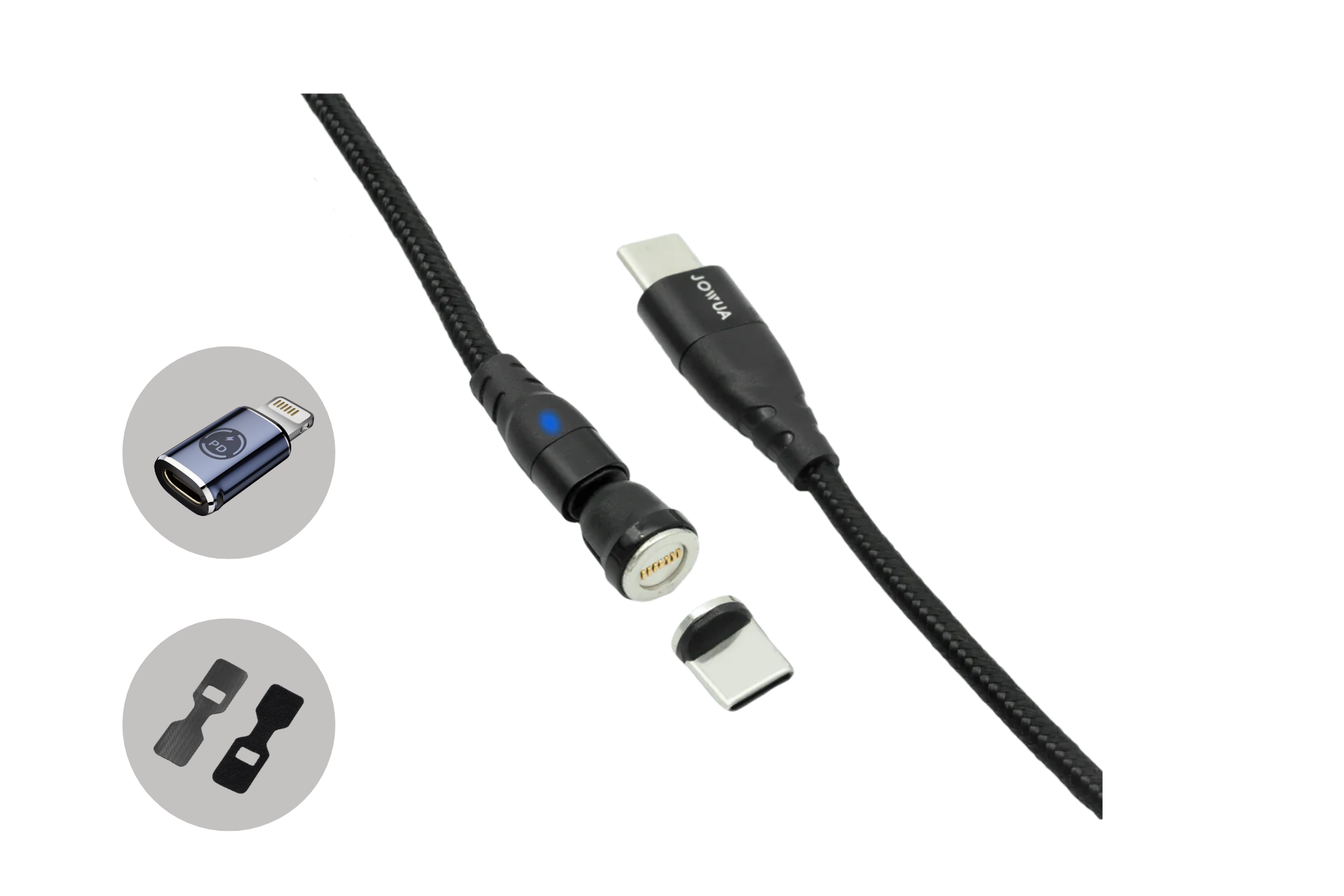 JOWUA 台灣 USB-C 車用磁吸線(有 0.4M、1M、1.8M 可選)是一根磁性 USB 充電線,帶有可拆卸連接器和 USB-C 端,可快速充電,具有磁性尖端和兩個額外的連接器尖端,以圓形插入物展示,以強調其創新設計和快速充電能力。.