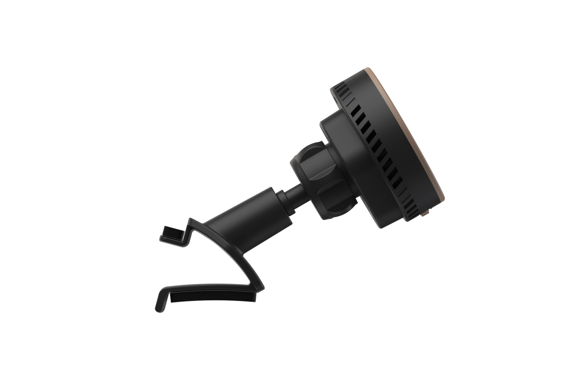 圖中顯示的是 JOWUA Taiwan Qi2 製冷出風口 MagSafe 車架 (Model 3/Y 煥然一新版),黑色的圓形裝置,有通風孔,裝在可旋轉的支架和夾子上,以純白色為背景。.