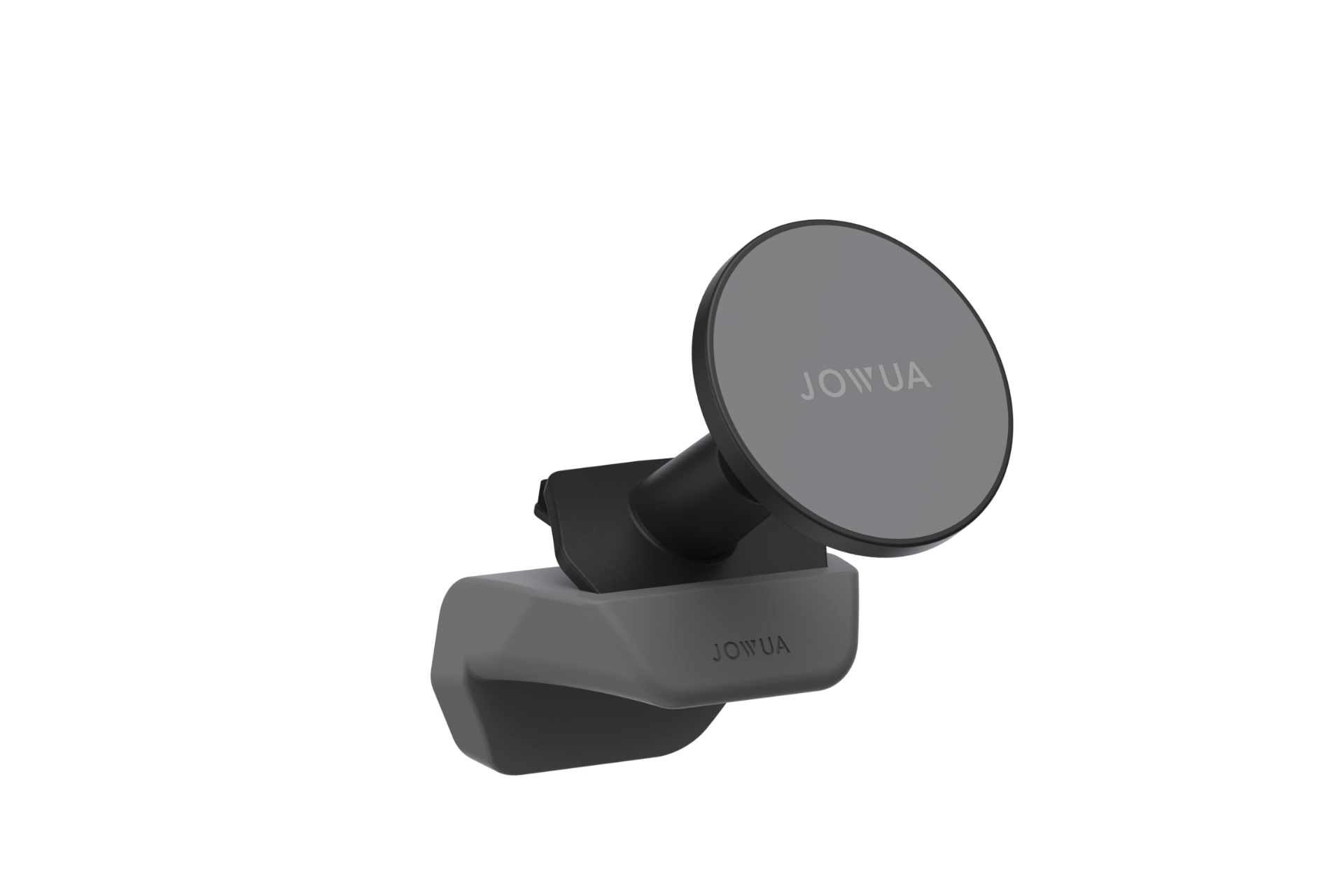 JOWUA Taiwan Qi2 製冷出風口MagSafe車架 (Model 3/Y 煥然一新版) 是專為 Model 3/Y 出風口設計的磁性手機架,底座可調整為黑色和灰色,採用 MagSafe 圓形磁片,圖示為白色背景。.